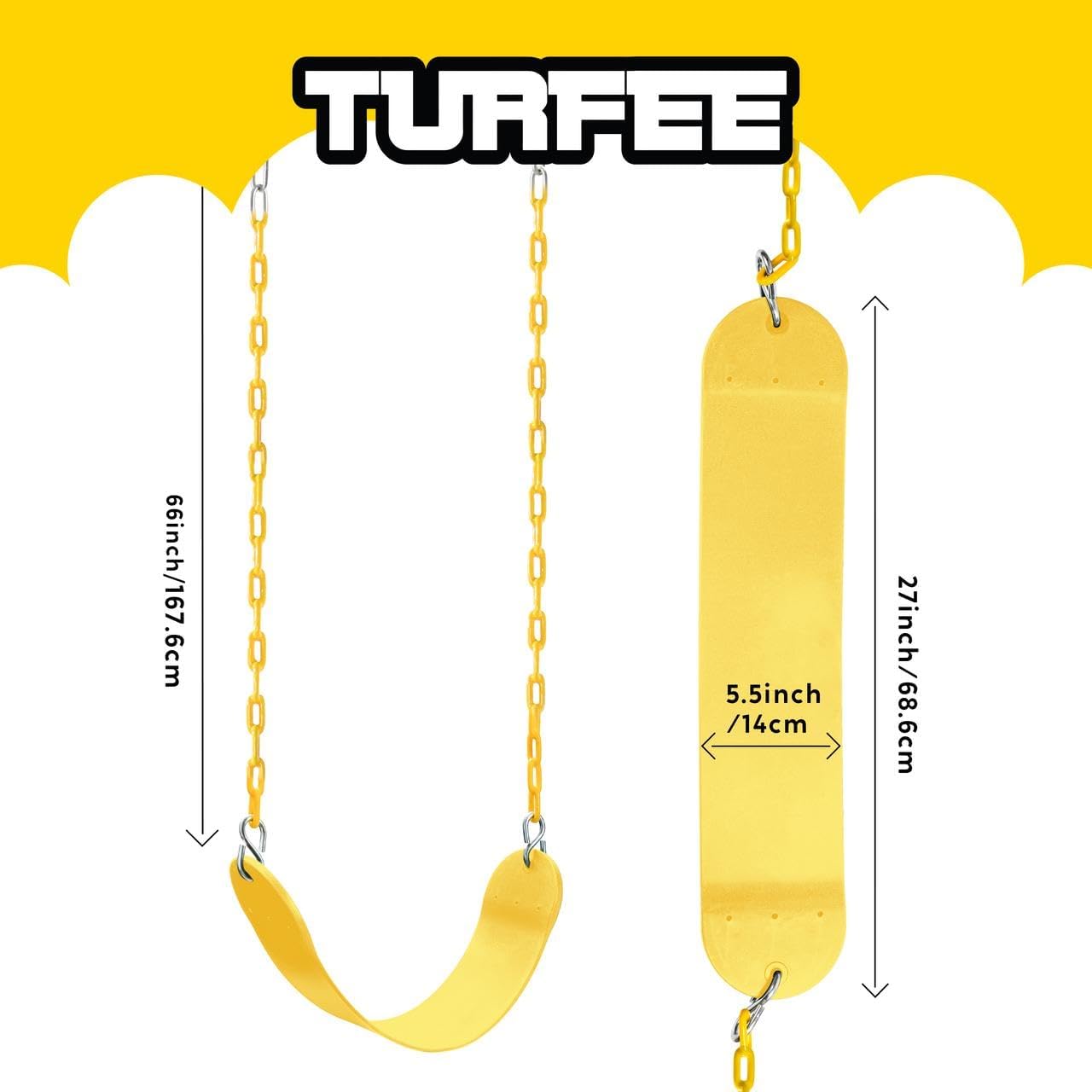 TURFEE Swing for Outdoor Swing Set - Pack of 1 Seat Replacement Kit with Heavy Duty Chains - Backyard Swingset Playground Accessories for Kids (Yellow)