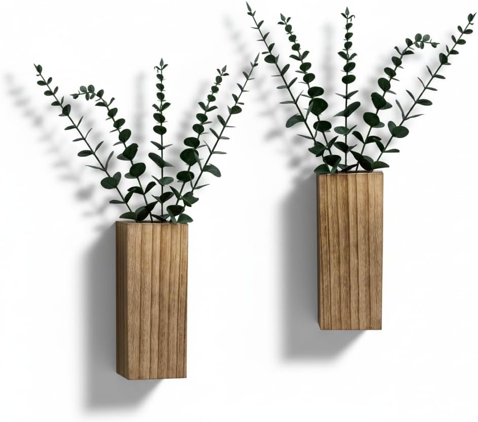 2 Pieces Wooden Wall Hanging Plant Pots Vase Contains Artificial Green Plants for Indoor Fake Plants Greenery Flowers, Modern Planters for Bathroom, Living Room, Kitchen Decor, (Wood Color)