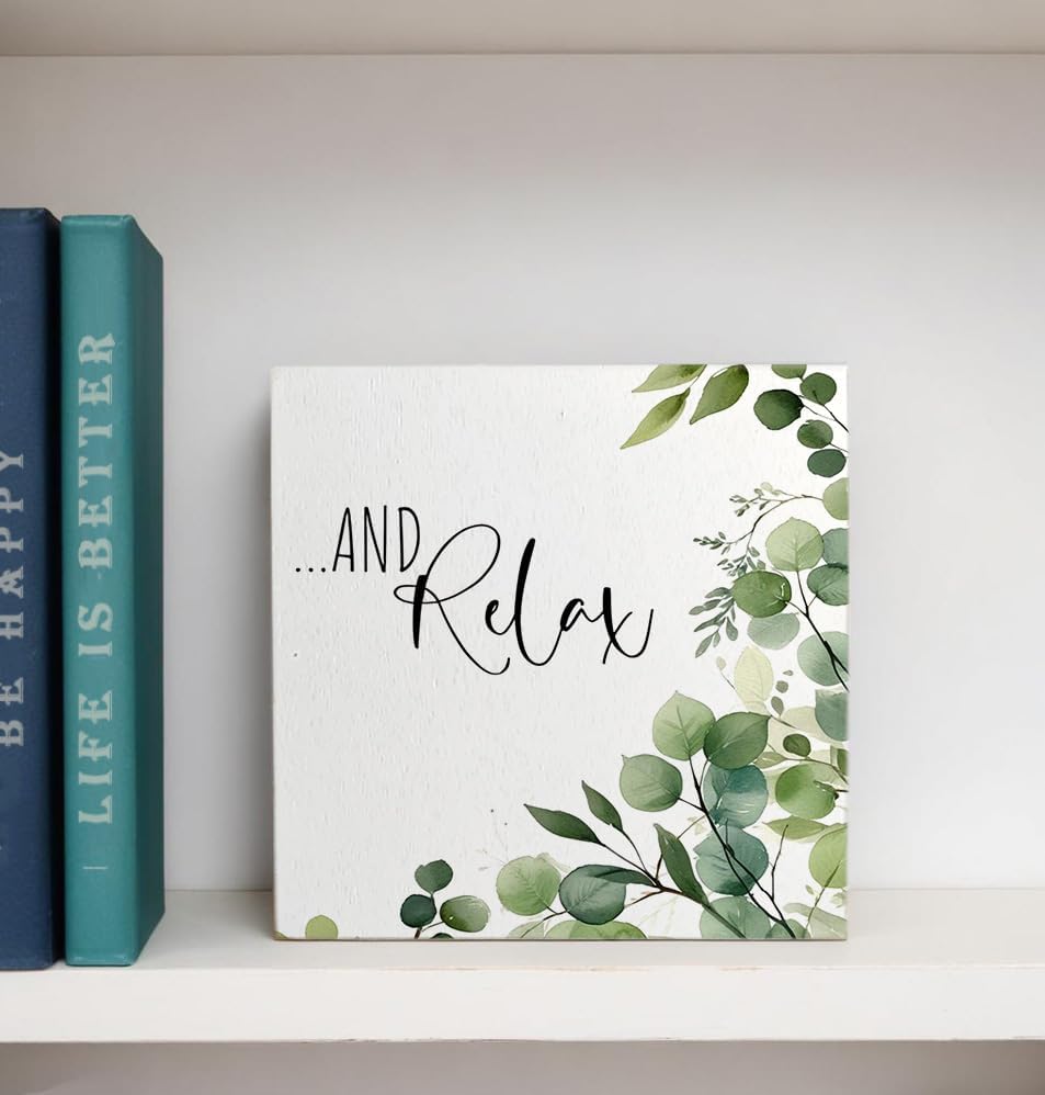 Relax Sign, Funny Bathroom Wooden Box Sign, Eucalyptus Botanical Wood Signs Plaque for Restroom Washroom Toilet Counter Shelf Table Decor, 5x5 Inch
