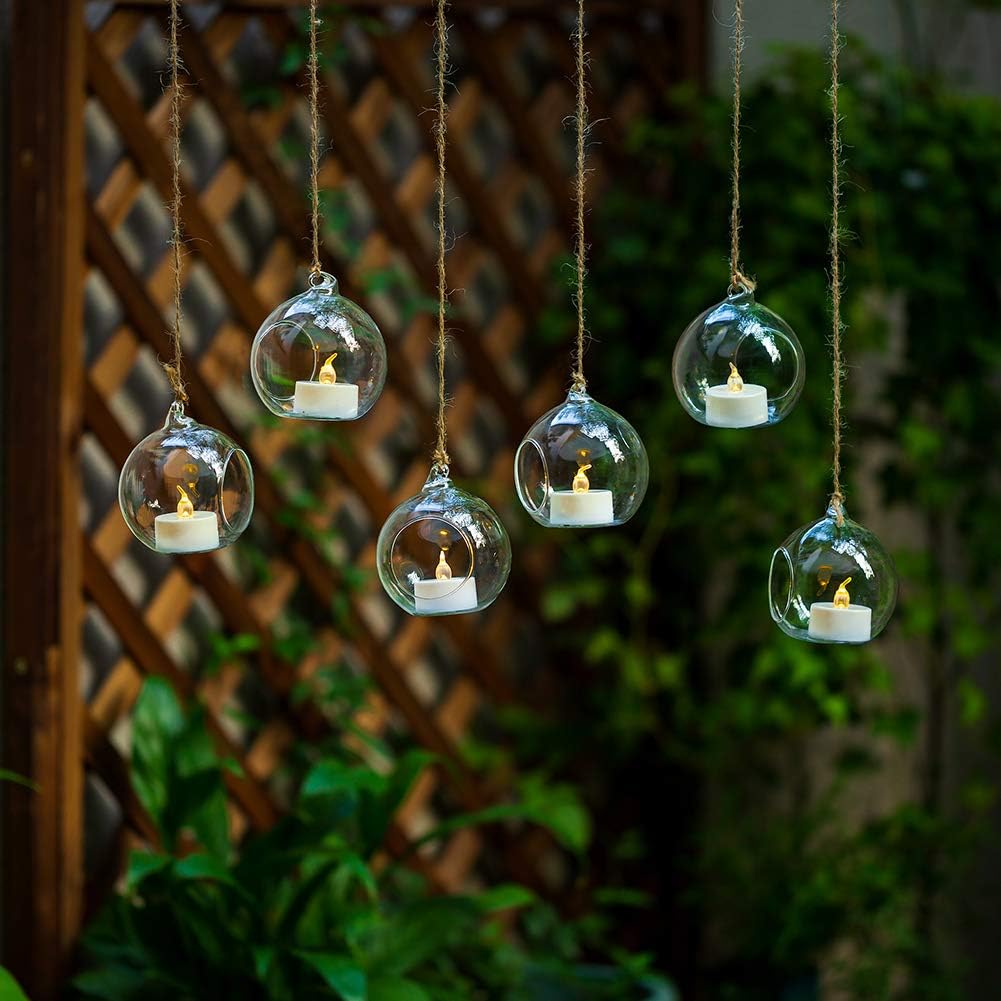 12 Pcs 3.15"/ 8cm Hanging Glass Tealight Holder Globe with LED Tealight, Plant Terrariums Glass Orbs Air Plants Tea Light Candle Holders Home Decor Indoor Outdoor Garden DIY Gifts (12 Pcs)