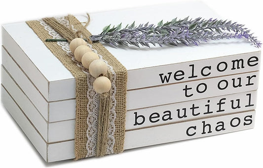 Lavender Inspired Welcome to Our Beautiful Chaos - Rustic Farmhouse Stacked Books - Set of 4 Wooden Book Bundle - Farmhouse Home Decor - Housewarming Gift