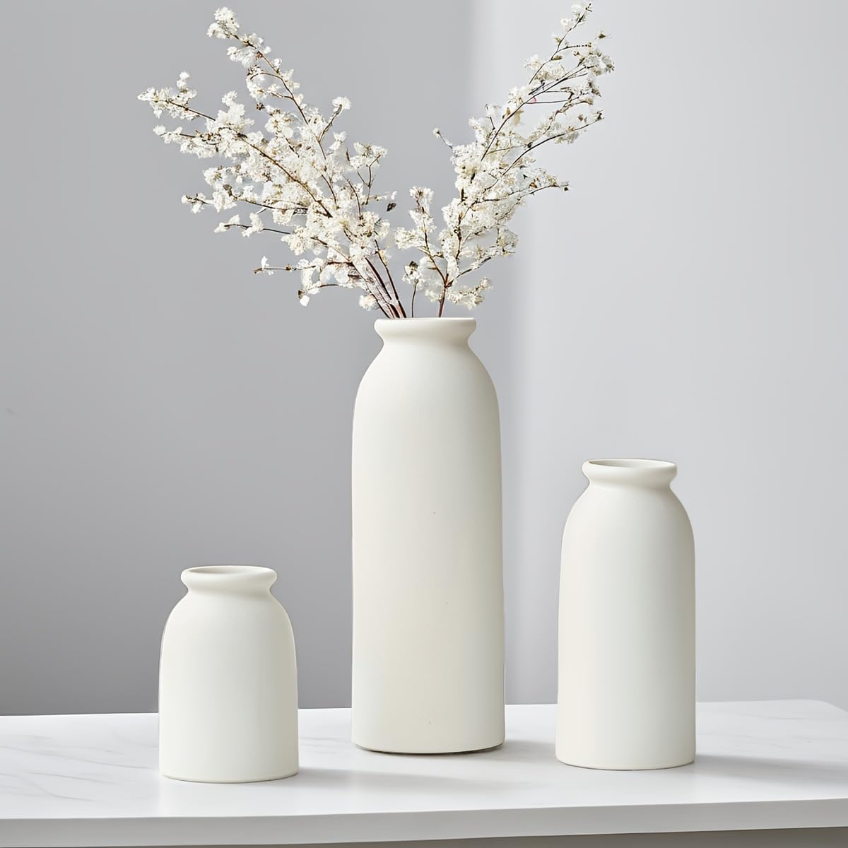 Ceramic Vase Set-3, Small Flower Vases for Decor, Modern Boho Farmhouse Style, Decorative Shelf Vases for Pampas Grass & Dried Flowers, Distressed Finish (White)