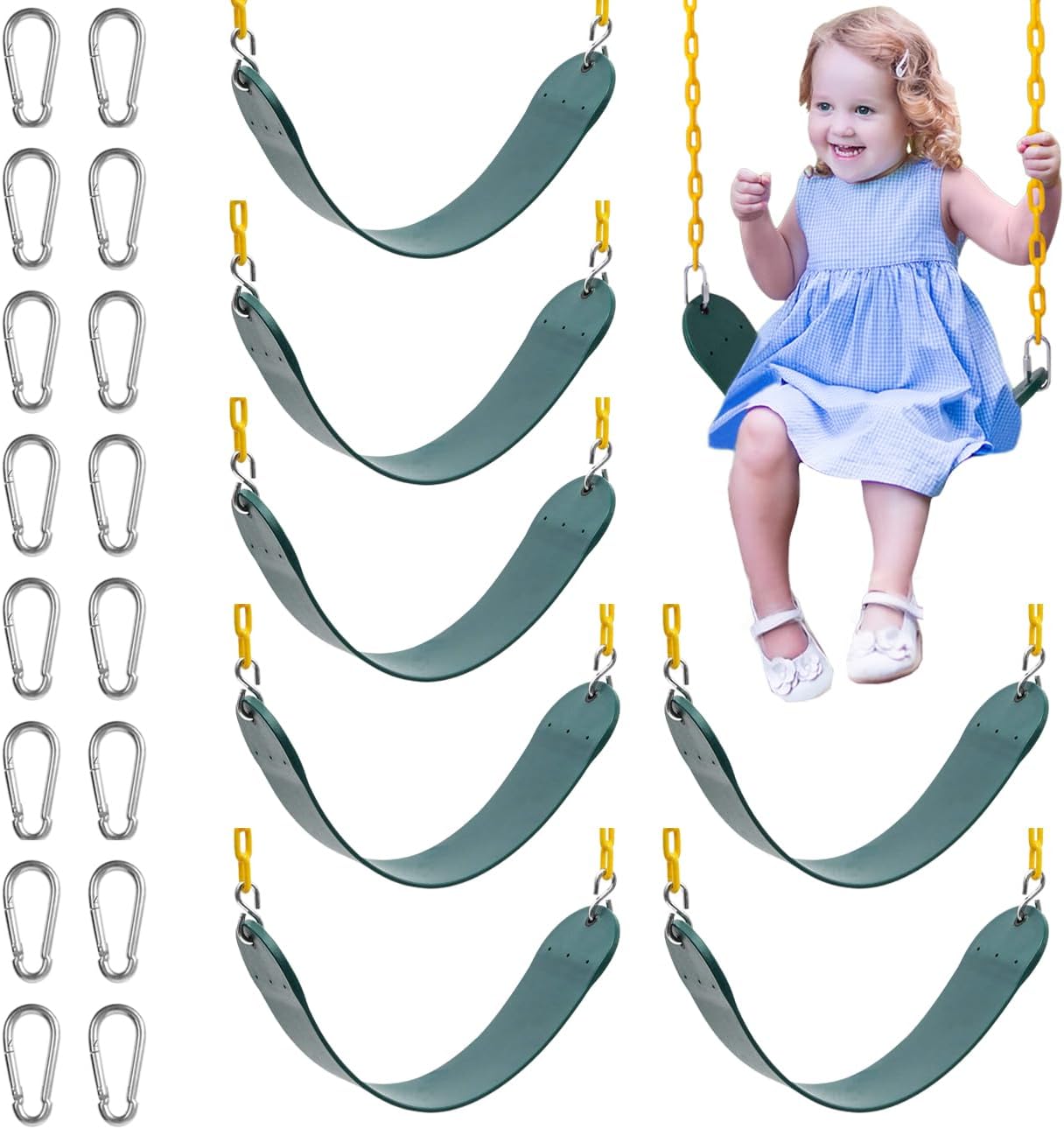 Sunnyglade 8 PCS Swings Seats Heavy Duty with 66" Chain, Playground Swing Set Accessories Replacement with Snap Hooks, Support 250lb (8, Green)