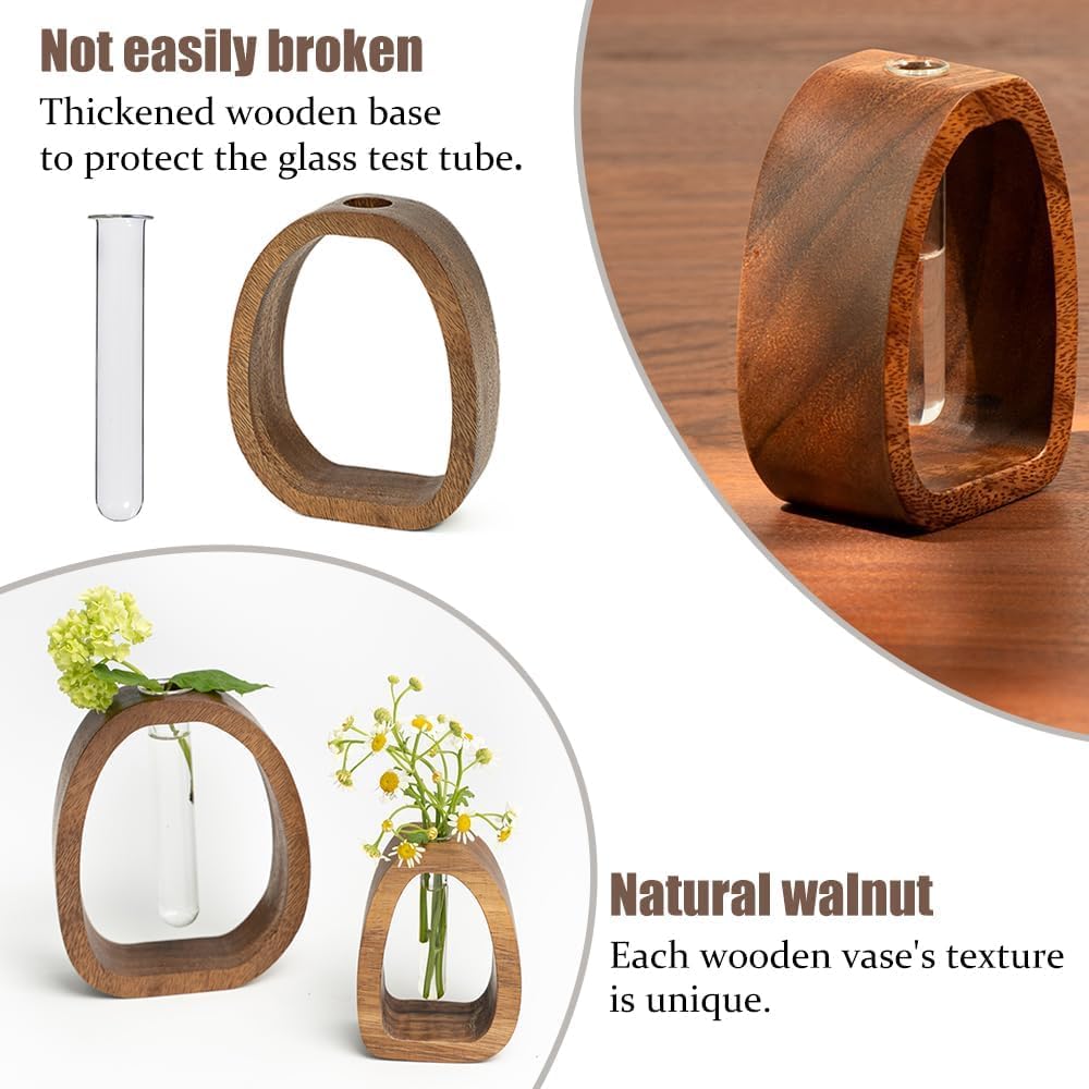 Solid Wood Frame Glass Test Tube Vase Desk Hydroponic Plant, Enhances Home and Office Environment, Small Size (Small)