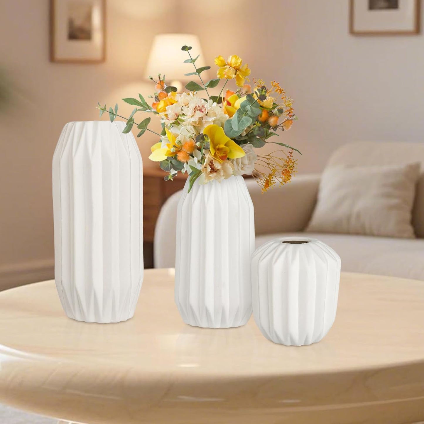 Ceramic Vase Set of 3, White Vase for Modern Home Decor, Decorative Vases for Bouquet Pampas Grass Dried Flowers, Living Room, Bedroom, Bathroom, Shelf Centerpiece Table Decorations