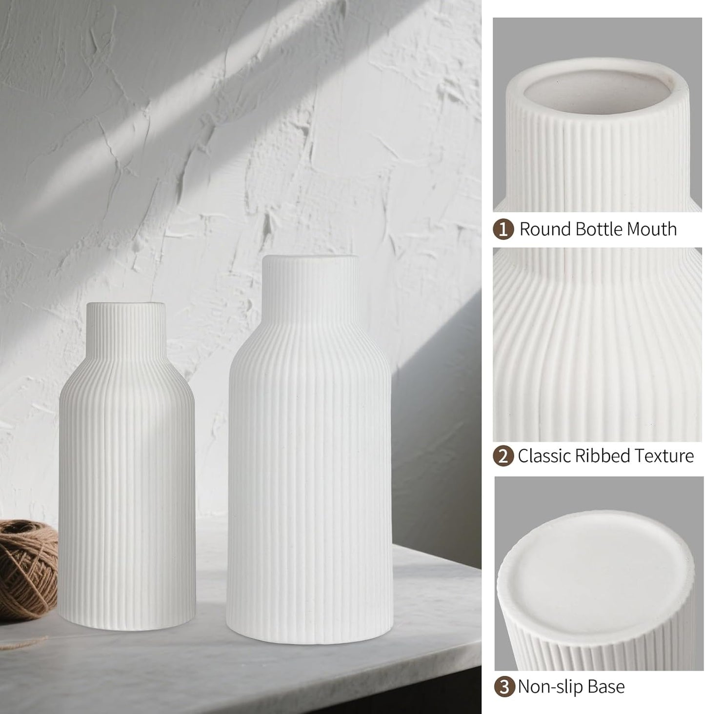 Ceramic Vase Set of 3, White Vase for Modern Home Decor, Decorative Vases for Bouquet Pampas Grass Dried Flowers, Living Room, Bedroom, Bathroom, Shelf Centerpiece Table Decorations