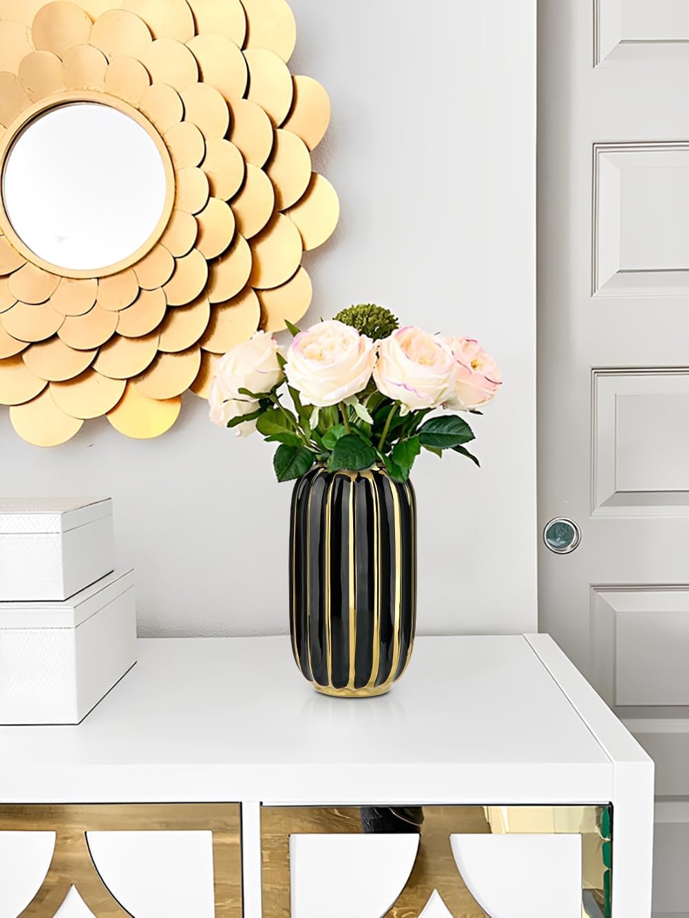 Briful Gold Plated Lantern Ceramic Vase Home Decor Creative Design Porcelain Decorative Flower Vase 8.66'' Black Ceramic Vases for Wedding Anniversary Decoration