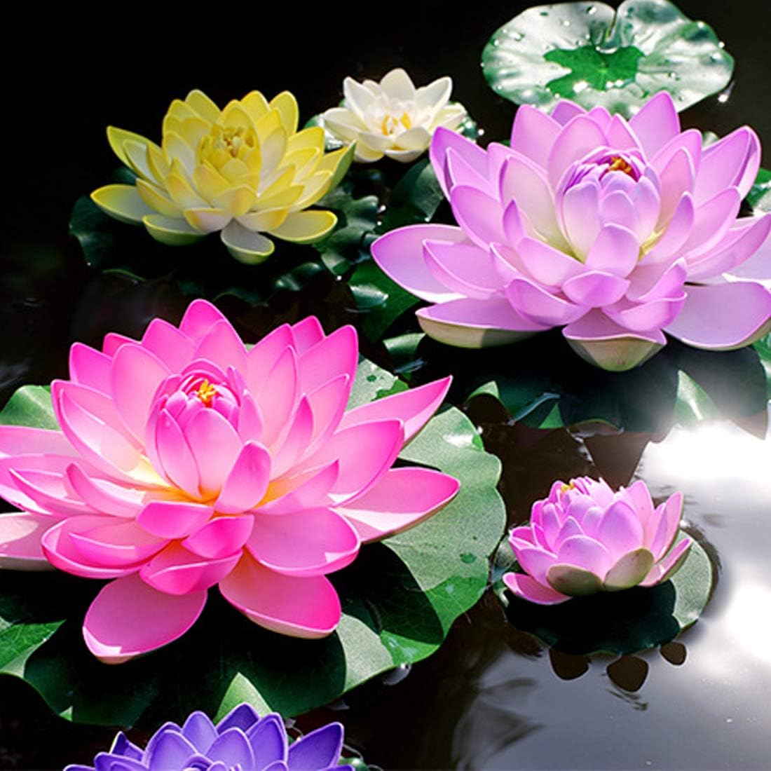 Superdream 4PCS Large Artificial Floating Lotus Flowers, Home Garden Pond Aquarium Wedding Decor (7inch) (Orange, Green, Purple, Pink)