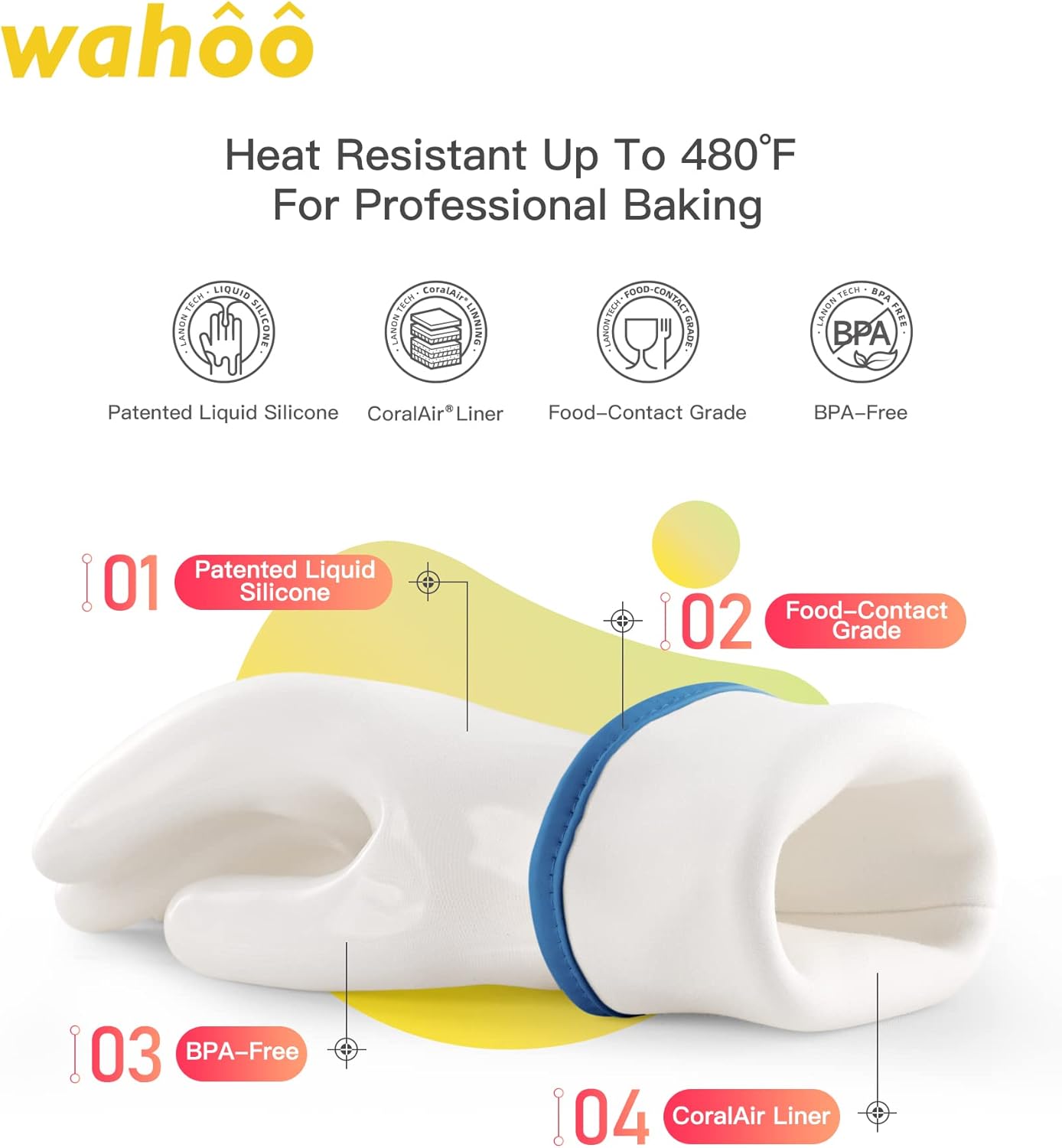 wahoo Professional Liquid Silicone Oven Mitts Gloves, Heat Resistant Gloves for Cooking, Baking, CoralAir Liner, 12 Inch, White, Medium