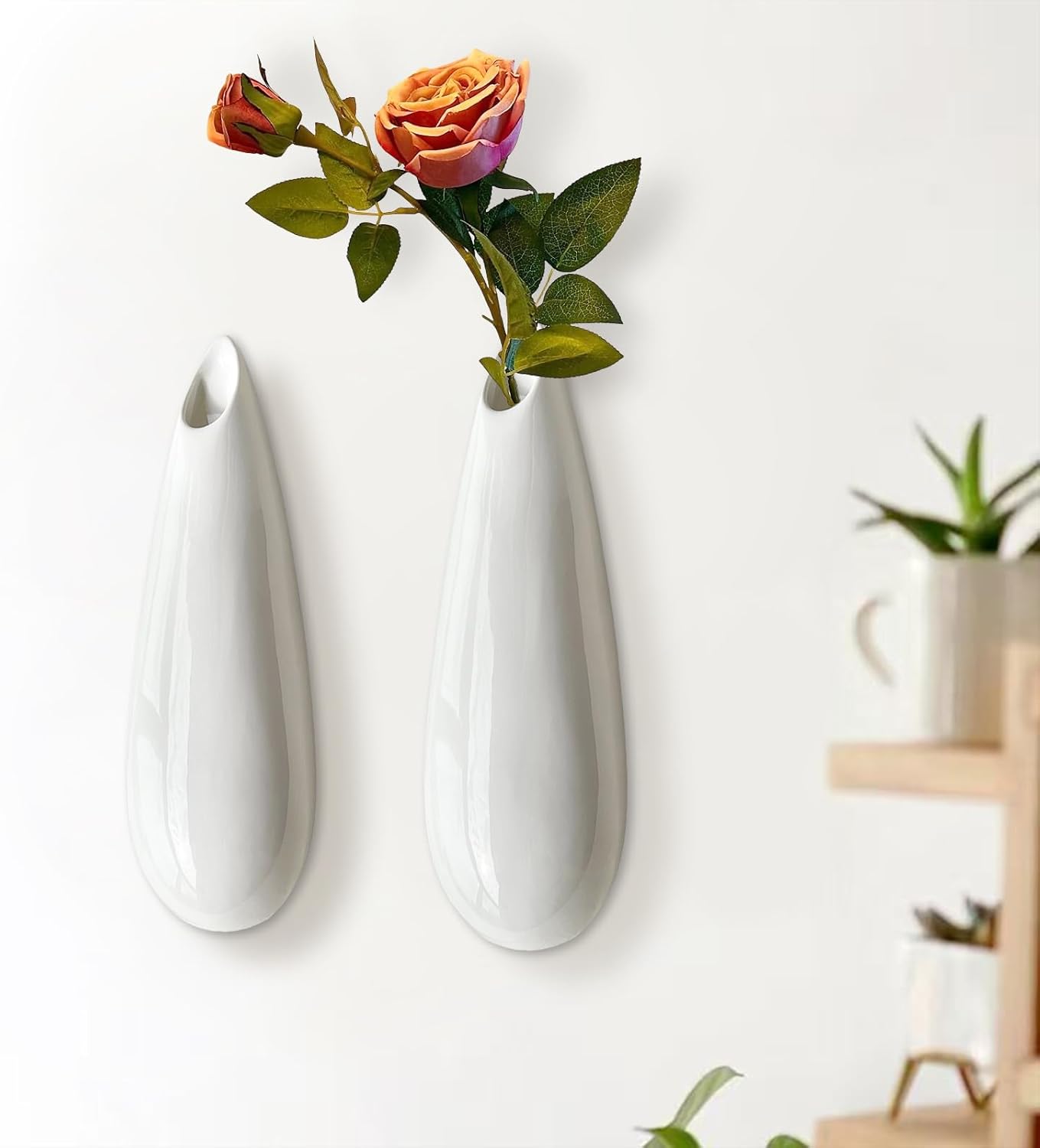 2 Pack White Ceramic Wall Vases,11.8 Inch Wall Hanging Plant Holder,Cubicle Modern Decor Plant Holder Vase for Indoor Plants, Hanging Propagation Flower Pots for Air Vases