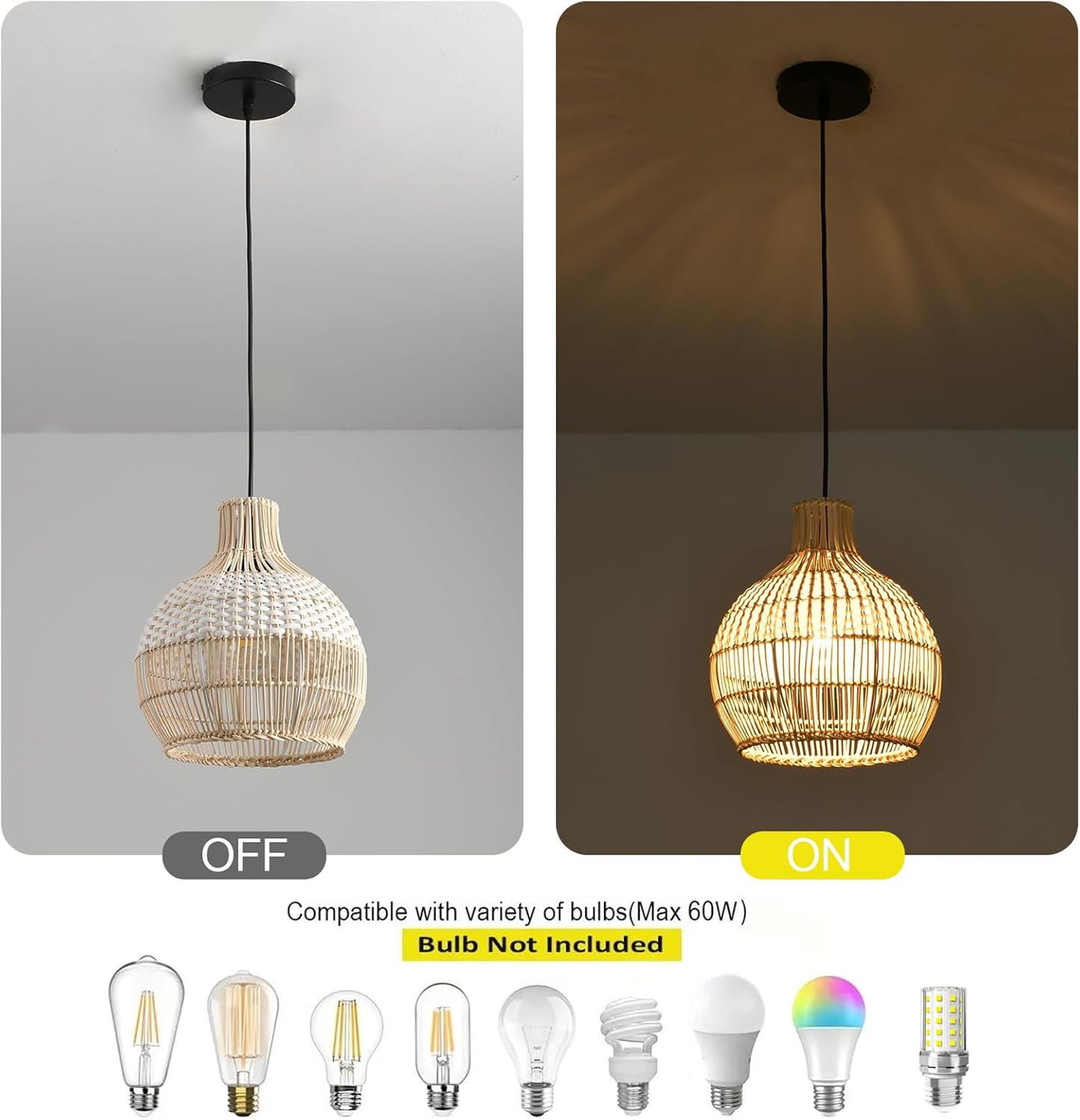 3-Pack Fax Rattan Pendant Light Fixture Mini Hand-Woven White Rattan Chandelier 10.24" Boho Wicker Hanging Lamp for Dining Living Bedroom Kitchen Farmhouse