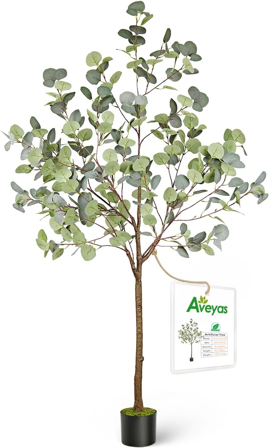 Aveyas 5ft Artificial Eucalyptus Tree for Home Decor, 5 Feet Large Faux Floor Plant Fake Silk Trees with Pot for Indoor Outdoor House Living Room Office (5 ft Tall)