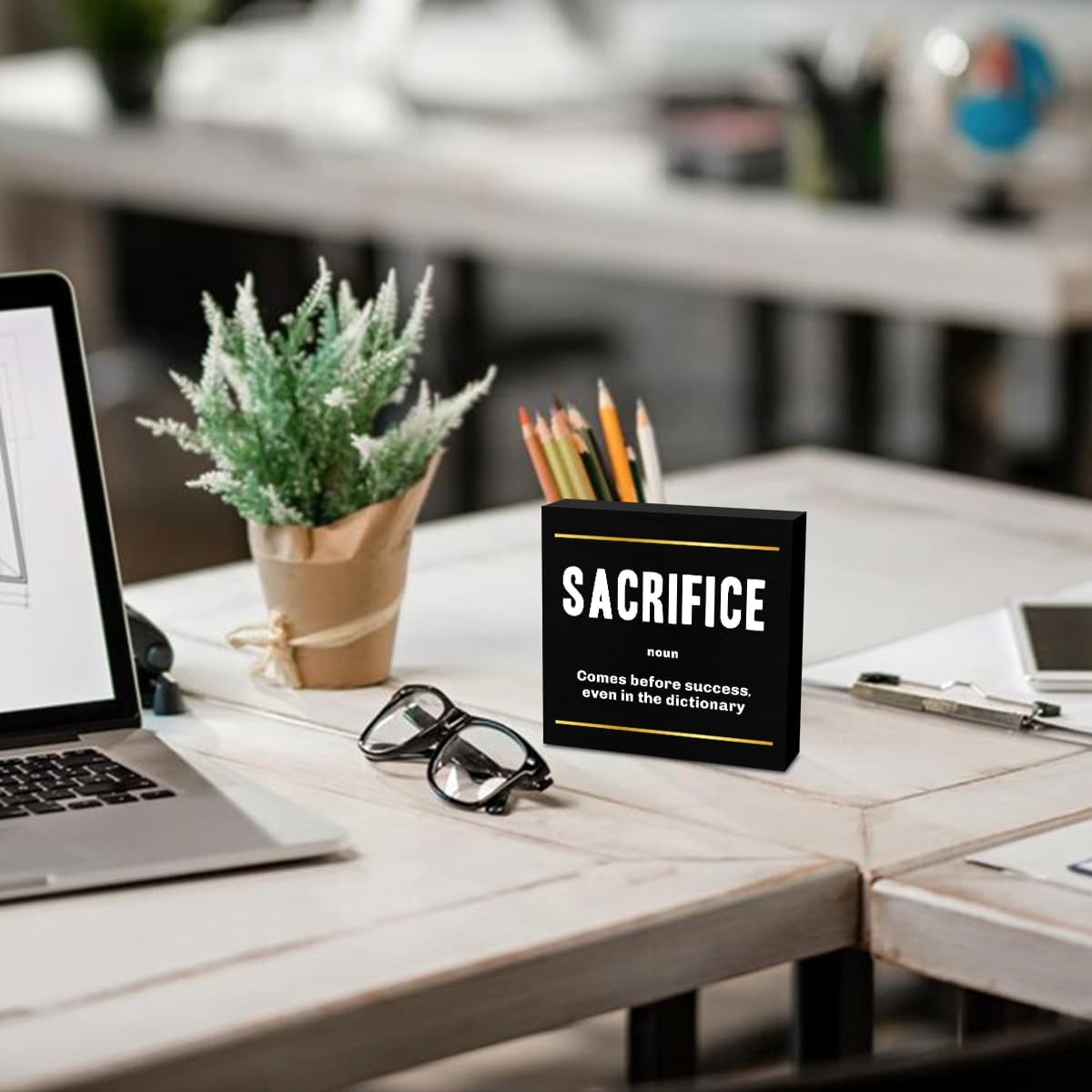 Sacrifice Noun Entrepreneur Black Wooden Box Sign, Inspirational Office Decor, Decorative Table Shelf Desk Rustic Cubicle Farmhouse Home Workplace Decor Office Decorations Desk Accessories
