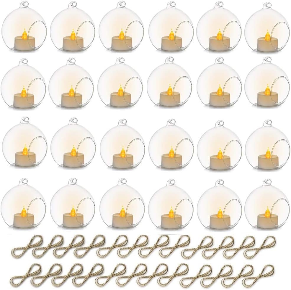 24 Pcs 3.15"/ 8cm Hanging Glass Tealight Holder Globe with LED Tealight, Plant Terrariums Glass Orbs Air Plants Tea Light Candle Holders Home Decor Indoor Outdoor Garden DIY Gifts (24 Pcs)