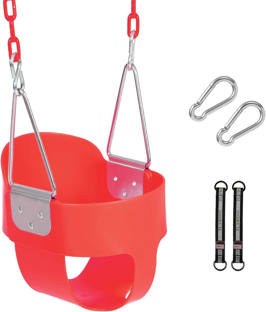 Heavy-Duty Toddler Swing with Coated Safety Chains-High Back Bucket Seat Includes Tree Straps,Hooks for Backyard, Playground,Outdoor Use (Red)