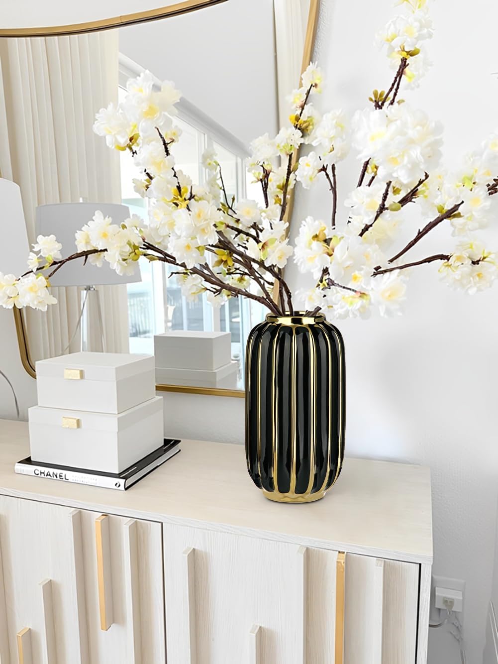 Briful Gold Plated Lantern Ceramic Vase Home Decor Creative Design Porcelain Decorative Flower Vase 11.02'' Black Ceramic Vases for Wedding Anniversary Decoration