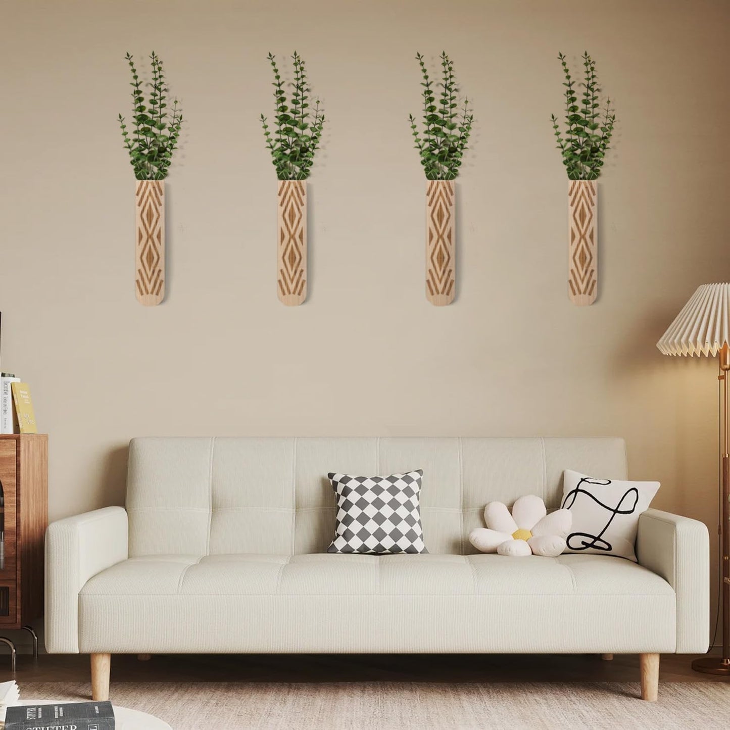 Wooden Wall Planter Set of 4 - Modern Bohemian Home Decor for Living Room, Bedroom, Bathroom - Beige Finish Planter for Dried Flowers, Faux Greenery, Indoor Plants