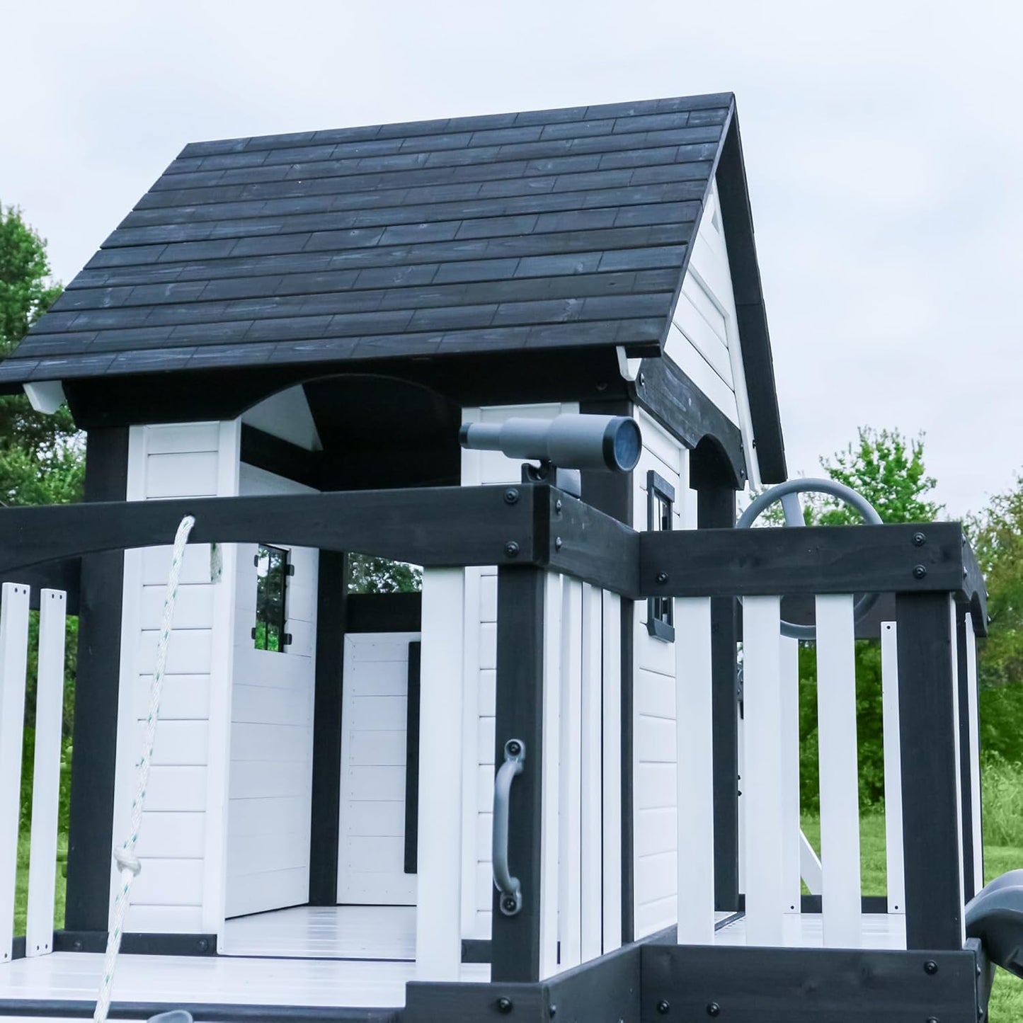 Backyard Discovery Canyon Creek White Cedar Wood Swing Set with Wave Slide, Clubhouse, Play Kitchen, Picnic Area, Belt Swings, Web Swing, Rock Wall, Balconies, Playhouse, Step Ladder, Outdoor Playset