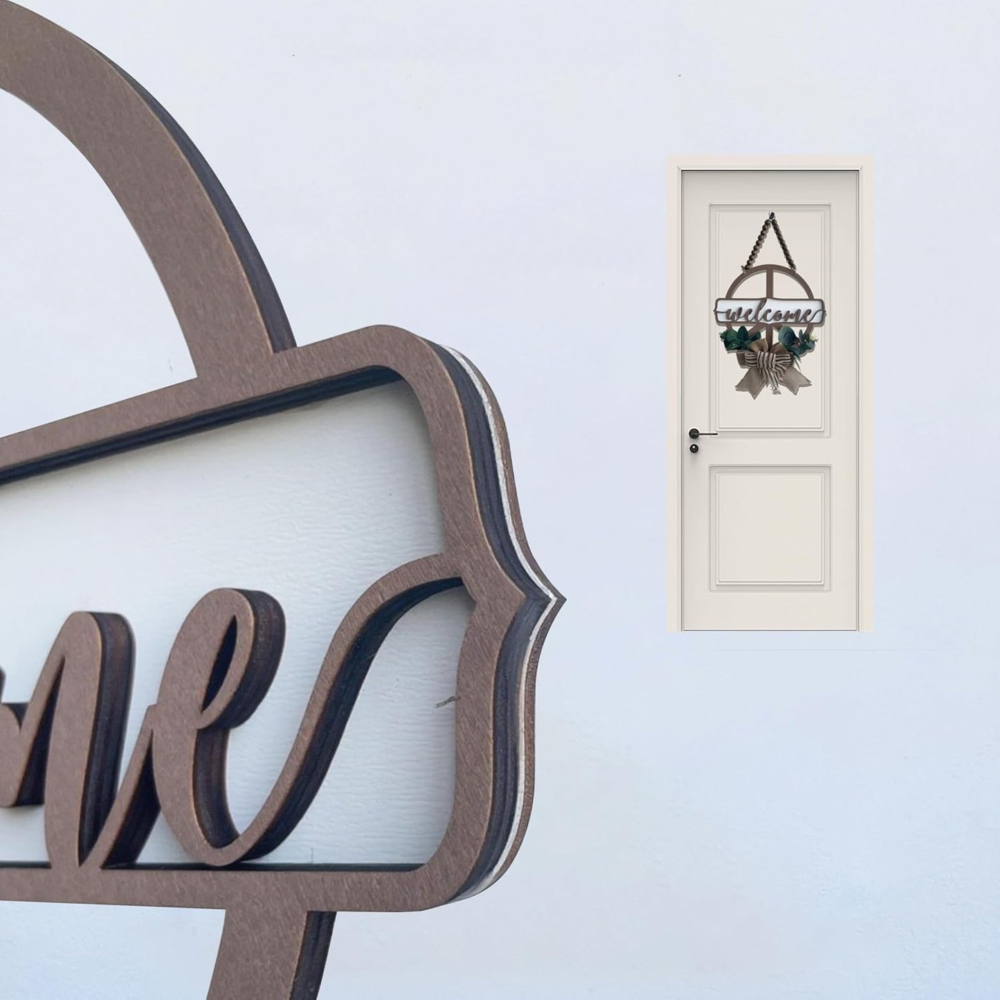 interchangeable 3D Welcome Sign for Front Door |Home/Farmhouse Porch Décor Wooden Hanging Sign with Artificial Leaves and Rustic Beads | Christmas Classroom |12" Round