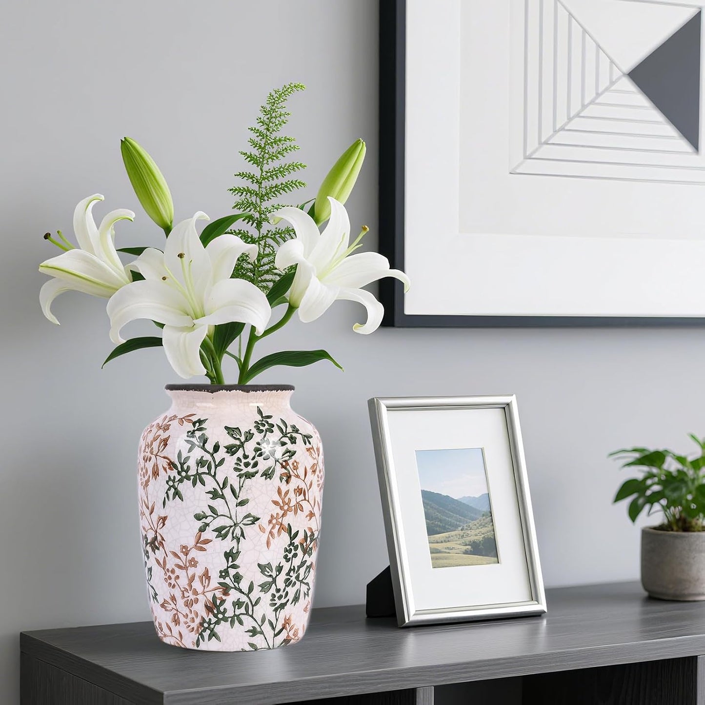 Vintage Vase for Flowers,Green Chinoiserie Ceramic Vase,Rustic Farmhouse Cracked Vases,for Flower Arrangement,Living Room, Office, Shelf, Fireplace Tables,Centerpieces,Chinoiserie Pottery Decor(D)