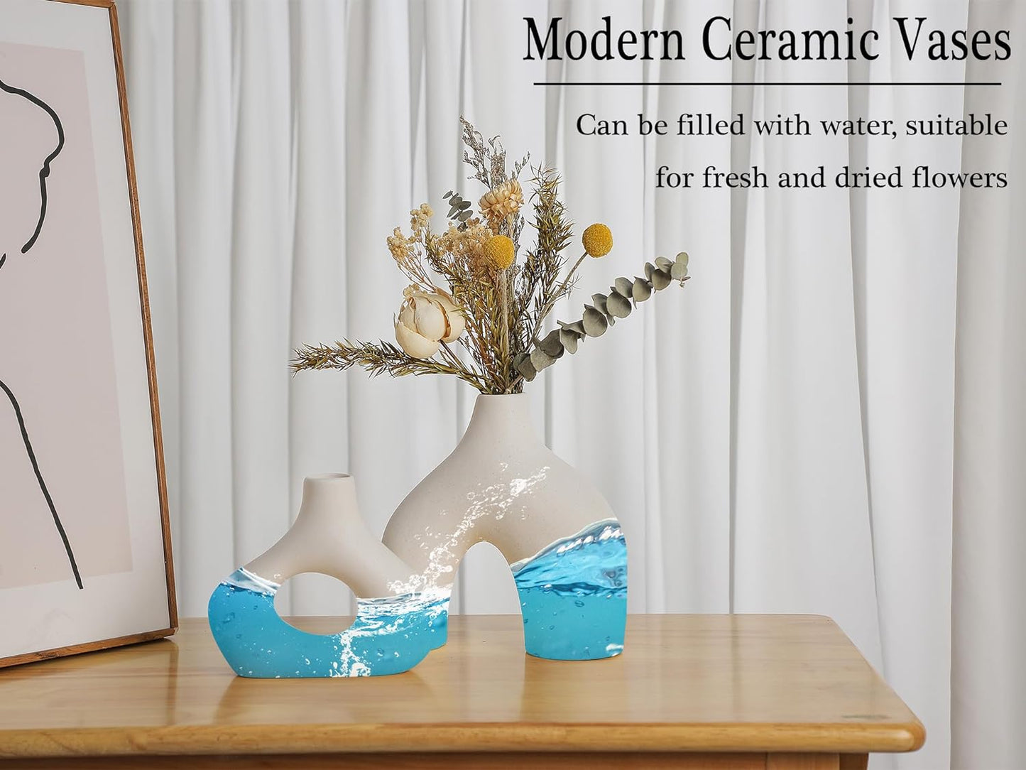 CEMABT White Ceramic Vase Set of 2 for Modern Minimalist Bohemian Decor，Round Matte Donut Vases for Pampas Grass-Perfect for Living Room, Dining Table, Office Bedroom Shelf Decor Entryway, Console