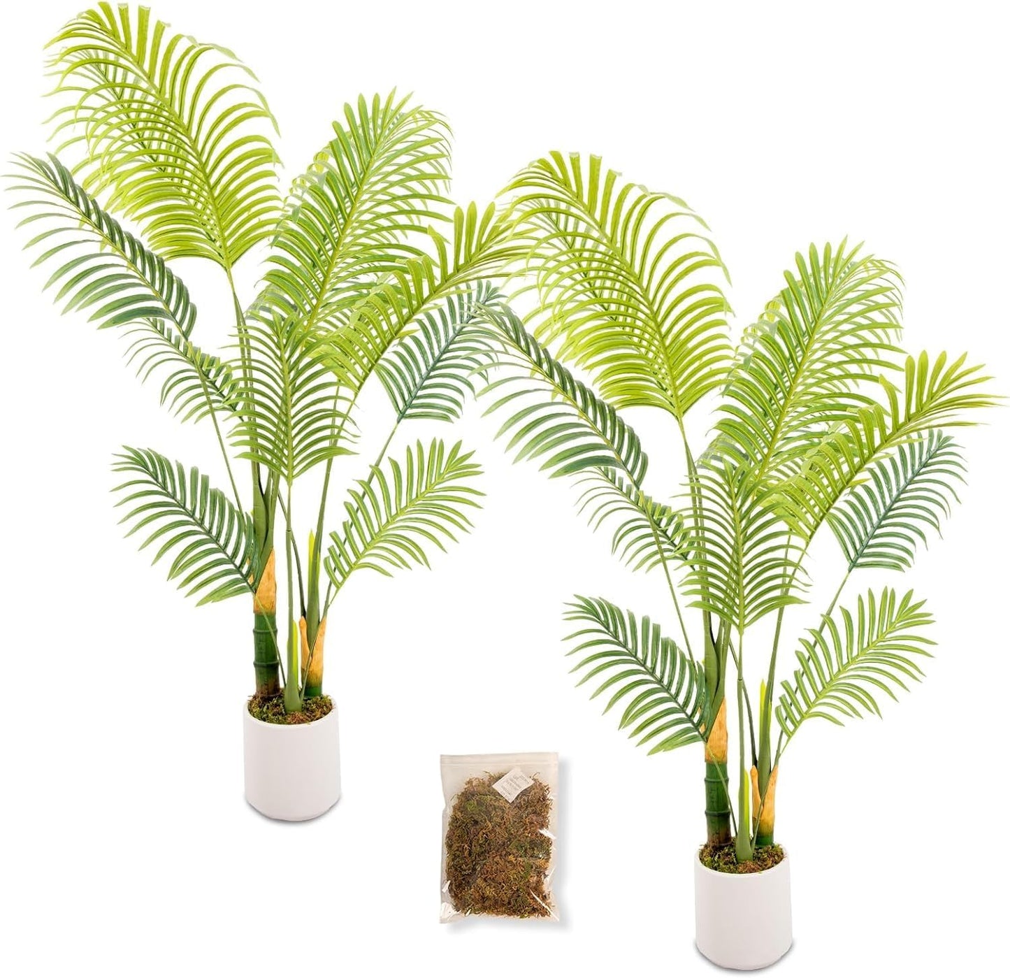 Artificial Fake Palm Tree 5FT 2Pack with White Planter & Free Moss, UV Resistant Artificial Palm Tree for Outdoors, Fake Plants for Poolside Home Room Decor, Faux Plants Outdoor Decor