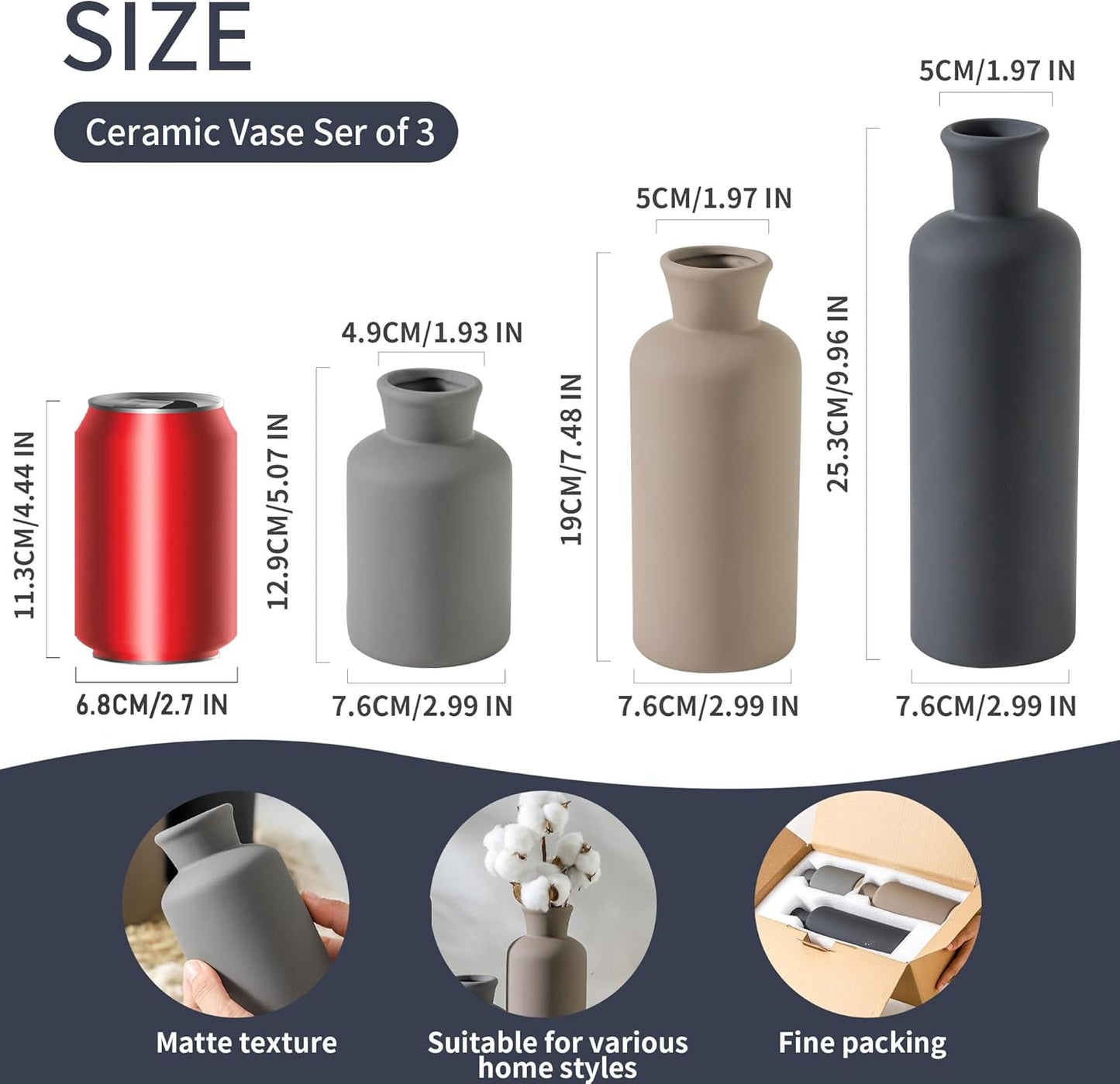 Ceramic Vase Set of 3, Neutral Vases Home Decor Rustic Farmhouse Decor Vase Terra Cotta Pottery Vases for Bouquet Pampas Grass Dried Fresh Flowers Living Room Kitchen Bedroom Bathroom - Multicolor