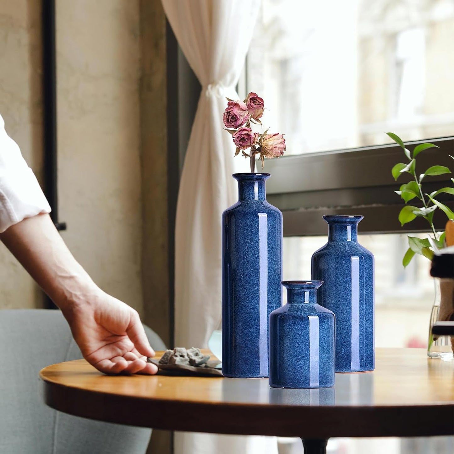 Blue Ceramic Vase Set of 3,Home Decorative Flower Vase,Small vase Set for Farmhouse Living Room Bedroom Tabletop Decor,Office Bookshelf Centerpiece Entrance Decoration