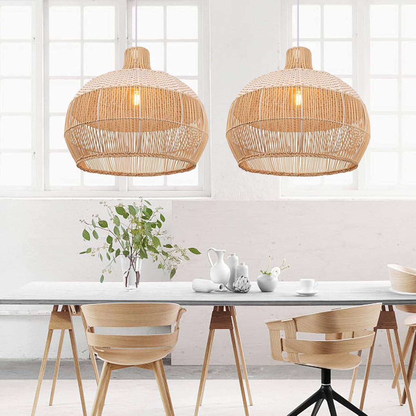 Arturesthome 1 Light White Rattan Pendant Light for Kitchen Island Sink,19.6" Wicker Chandelier, Handmade Woven Hanging Ceiling Light Lampshade