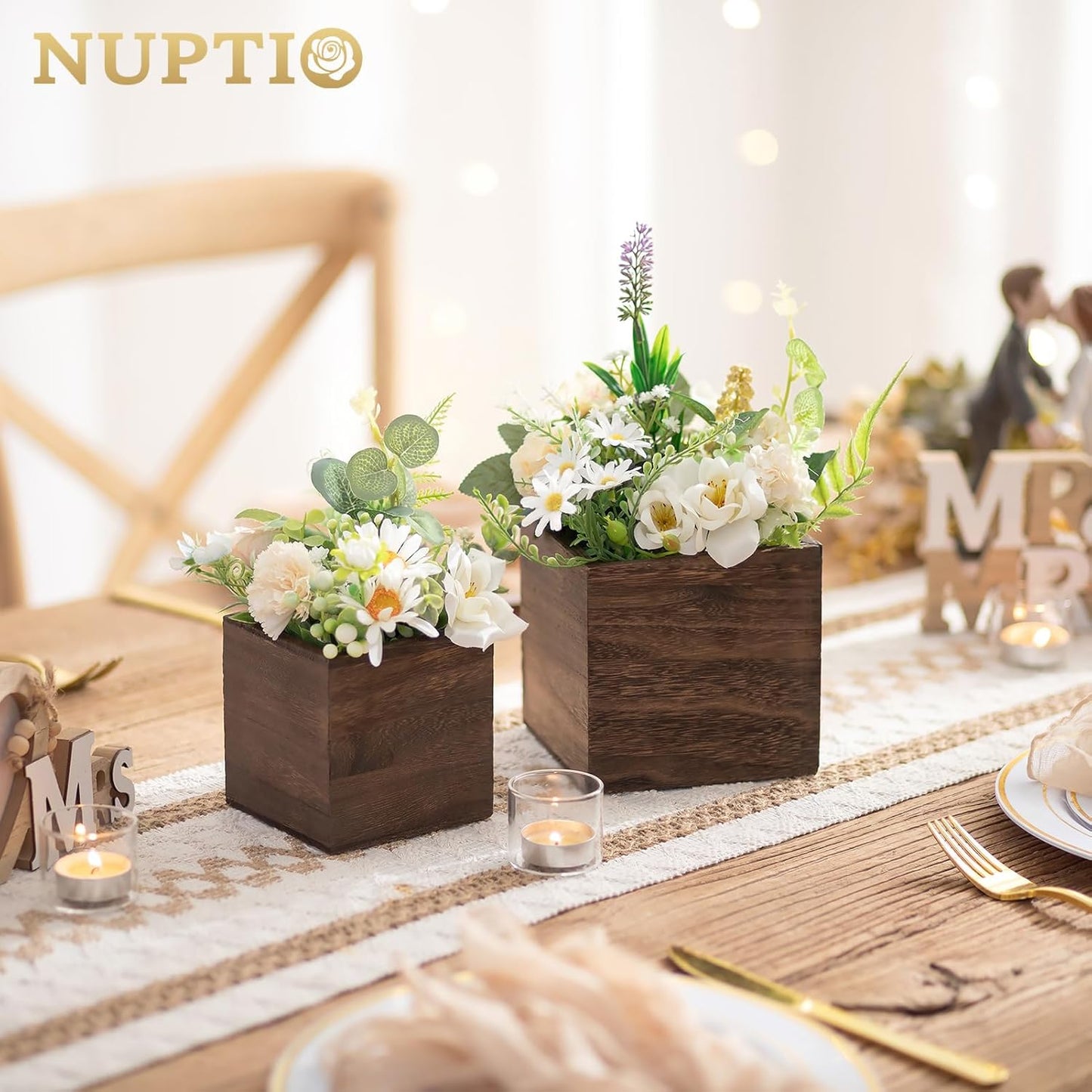 NUPTIO Wooden Box for Centerpiece Wedding: 12 Pcs Rustic Square Planter Box for Christmas Centerpiece Table Fall Decorations - 4×4" & 5×5" Small Wood Vases Flower Pots for Windowsill Home Garden Decor