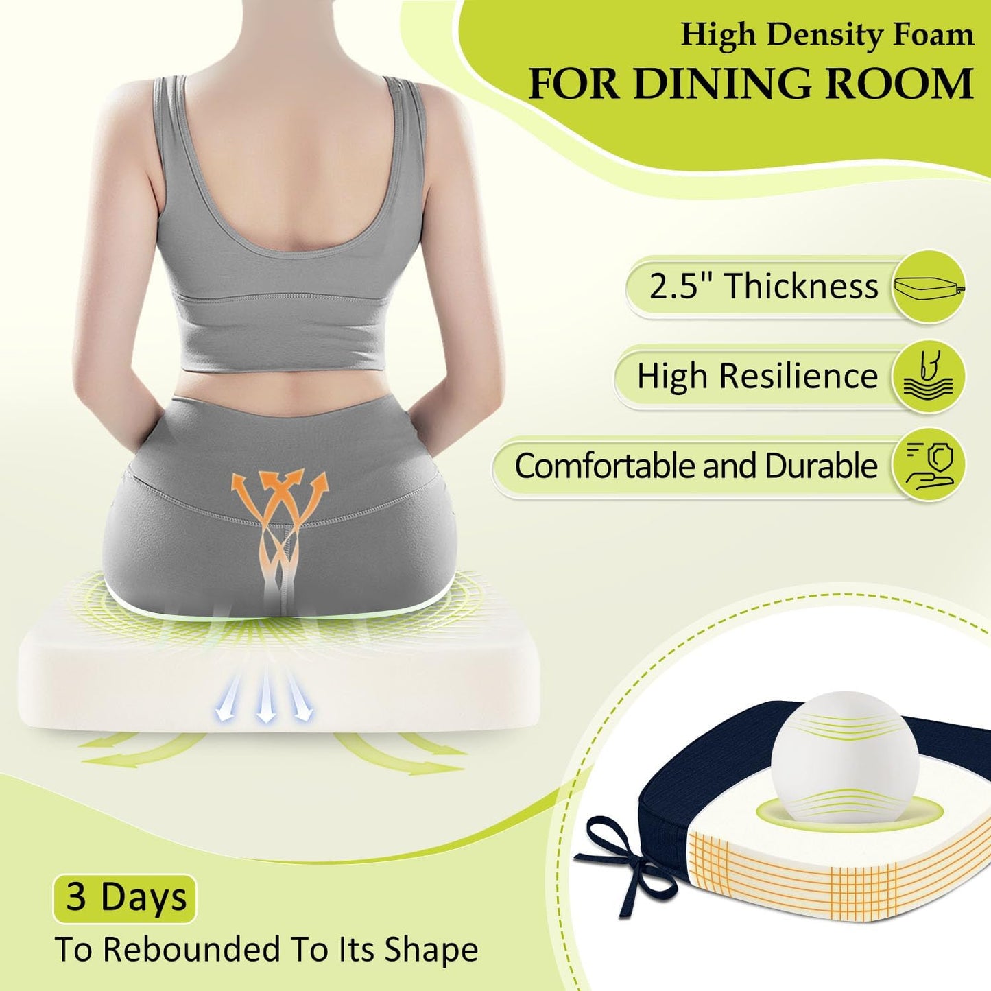 Chair Cushions for Dining Chairs, Indoor Chair Cushions with Ties，Waterproof Chair Pads Set of 6, Navy Blue, 17x16x2.5 Inch