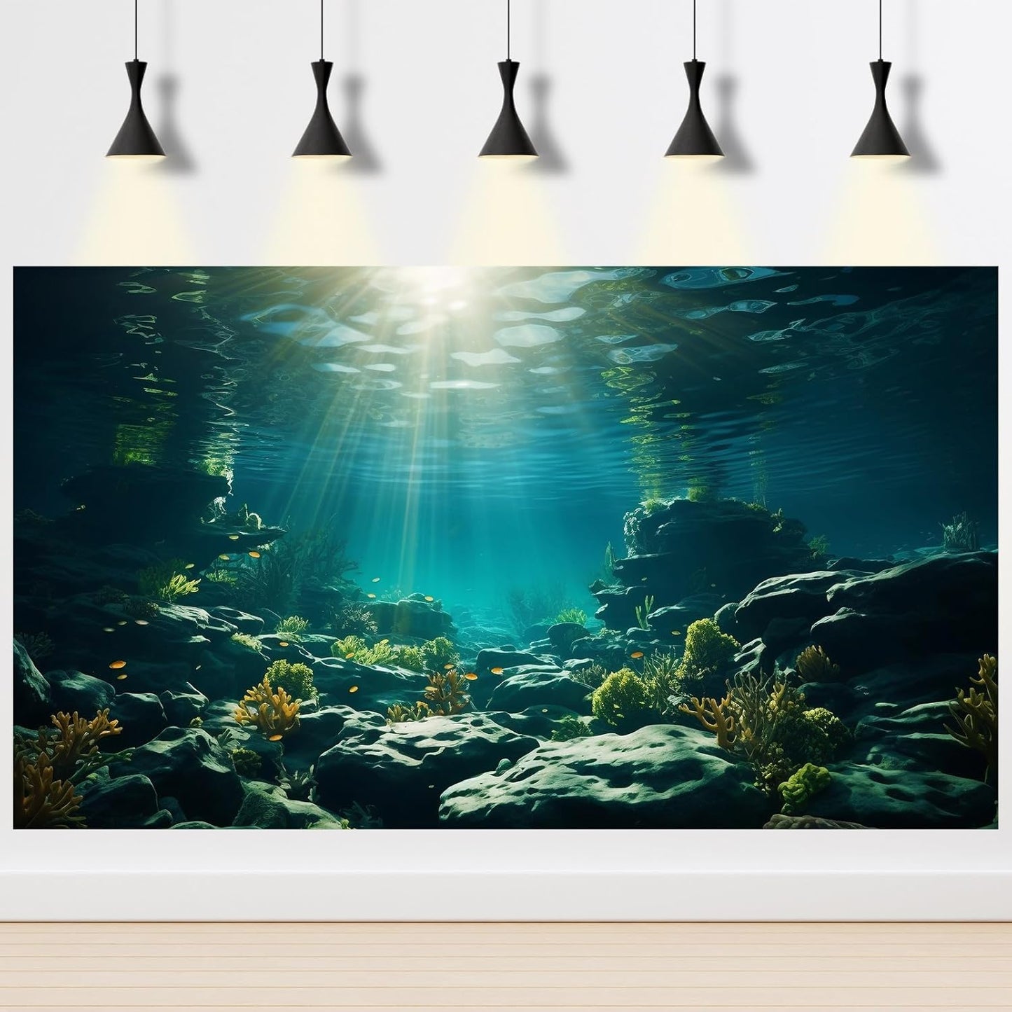 Aquarium Background Underwater Aquatic Plants Rocks Fish Terrarium Backdrop Sunlight Rays Coral Fish Tank Background Cave Style Landscape Sea Grass Tank Wallpaper Poster Vinyl 60x24in