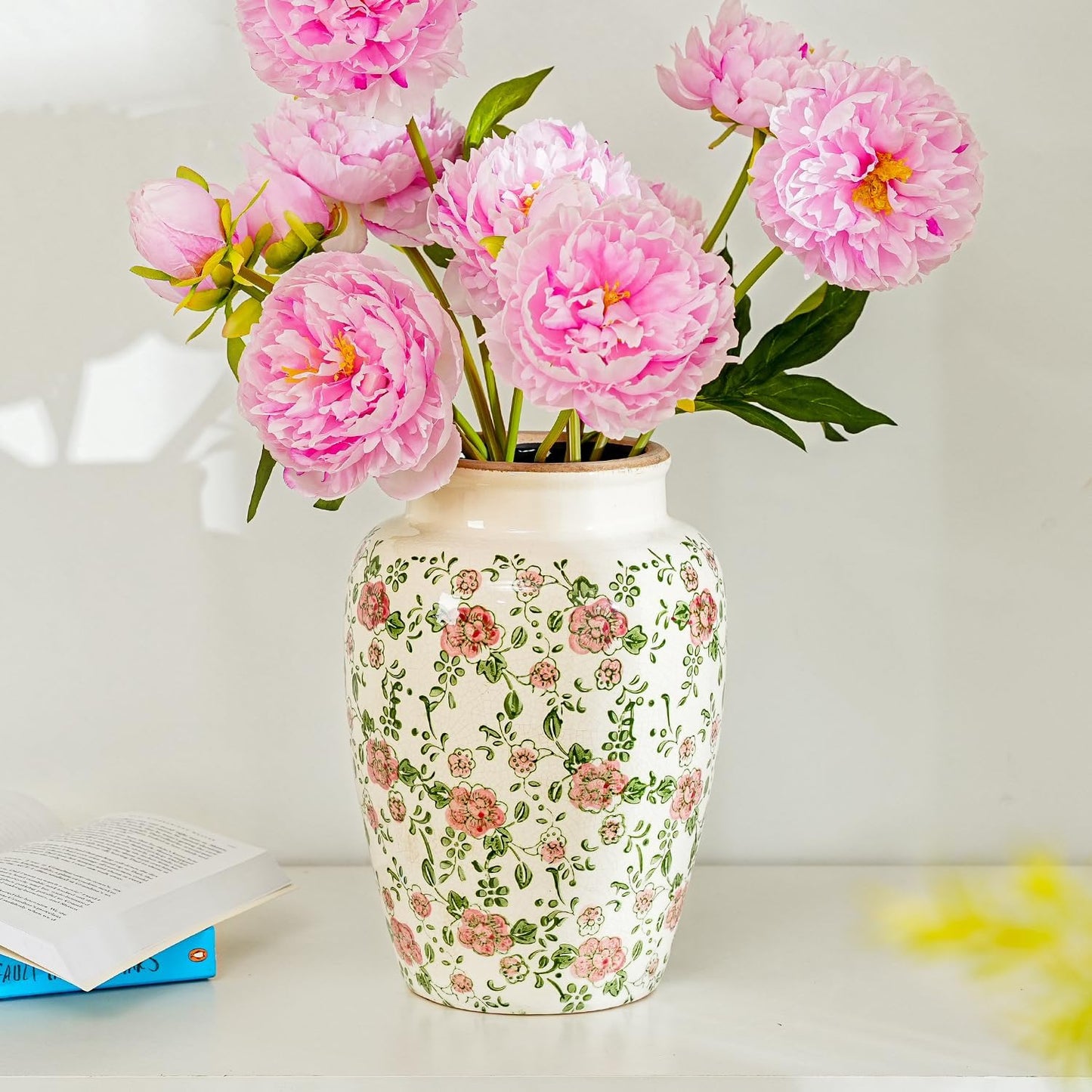 Sungmor Ceramic Flower Vase, Vintage Ice Cracked Glaze Porcelain Vase, Pretty Home Decor Vase for Flower Arrangement, Fresh Flowers, 10.2 Inch Tall Chinoiserie Pottery Vase, Pink Floral Pattern