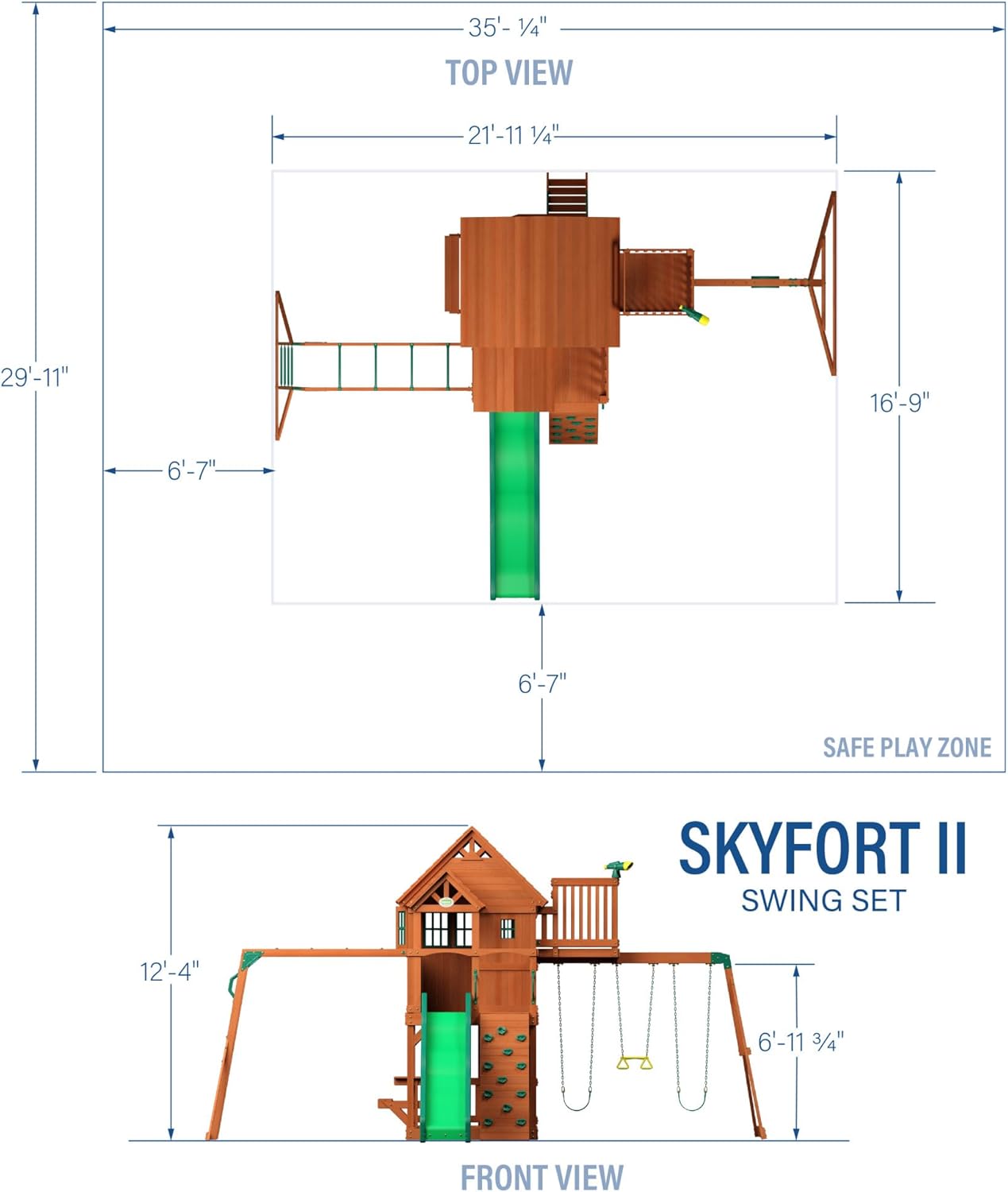 Backyard Discovery Skyfort II Cedar Wood Swing Set with Wave Slide, Raised Clubhouse, Crow's Nest, Monkey Bars, Balcony, Belt Swings, Trapeze, Rock Wall, Picnic Table, Sandbox, Ladder, Outdoor Playset