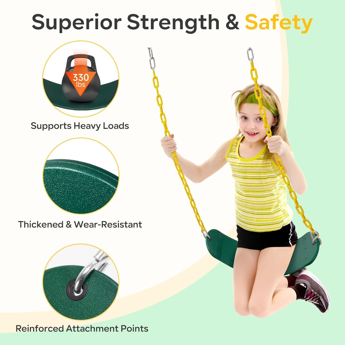 Decorlife Outdoor Swings Seats with 66" Rust-Resistant Heavy Duty Chain, Playground Swing Set Accessories Replacement Anti-Slip Seats, Backyard Swing Support 330lb for Kids or Adults (Green)