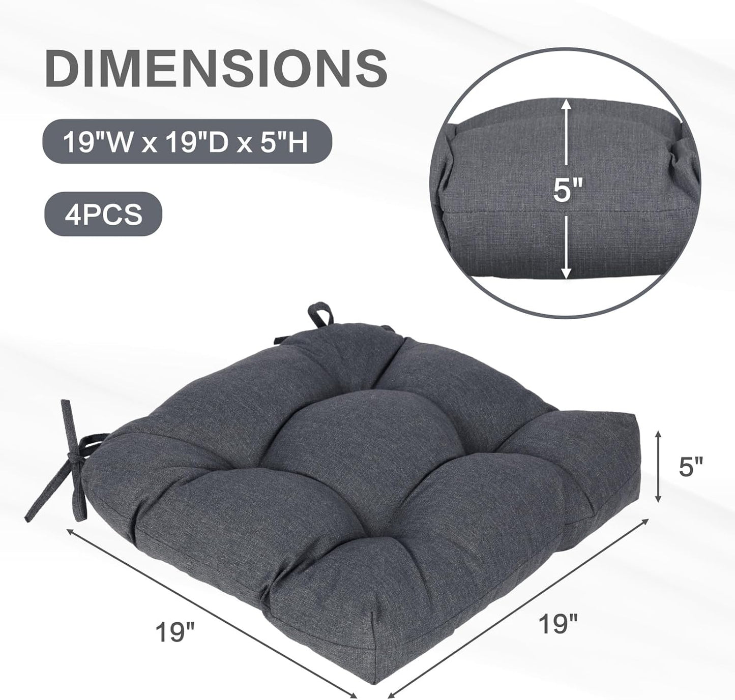 Aoodor 19" x 19" x 5" Tufted Outdoor Chair Cushions, Water Resistant & Fade Resistant Polyester Dining Chair Pads with 2 Straps for Patio Furniture, Set of 4