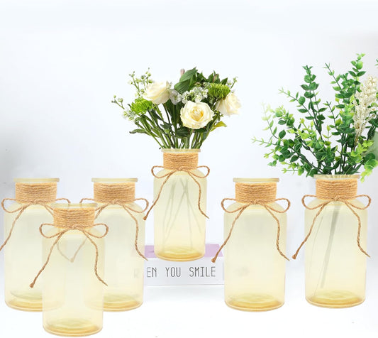 Vintage Glass Flower Vase，6 Pack Gold Amber Farmhouse Glass Centerpiece Vases Mason Jars for Weddings, Parties & Home Decor Bulk (6, Gold)