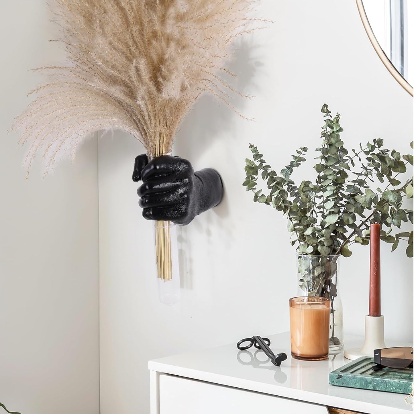 Black Wall Sculptures, Hand Vases Home Decor, Wall Mount Art Sculpture, Unique Wall Art Statue, Funky Flower Vase Decorations, Modern Eclectic Hanging Decor,Glass Test Tube Vase