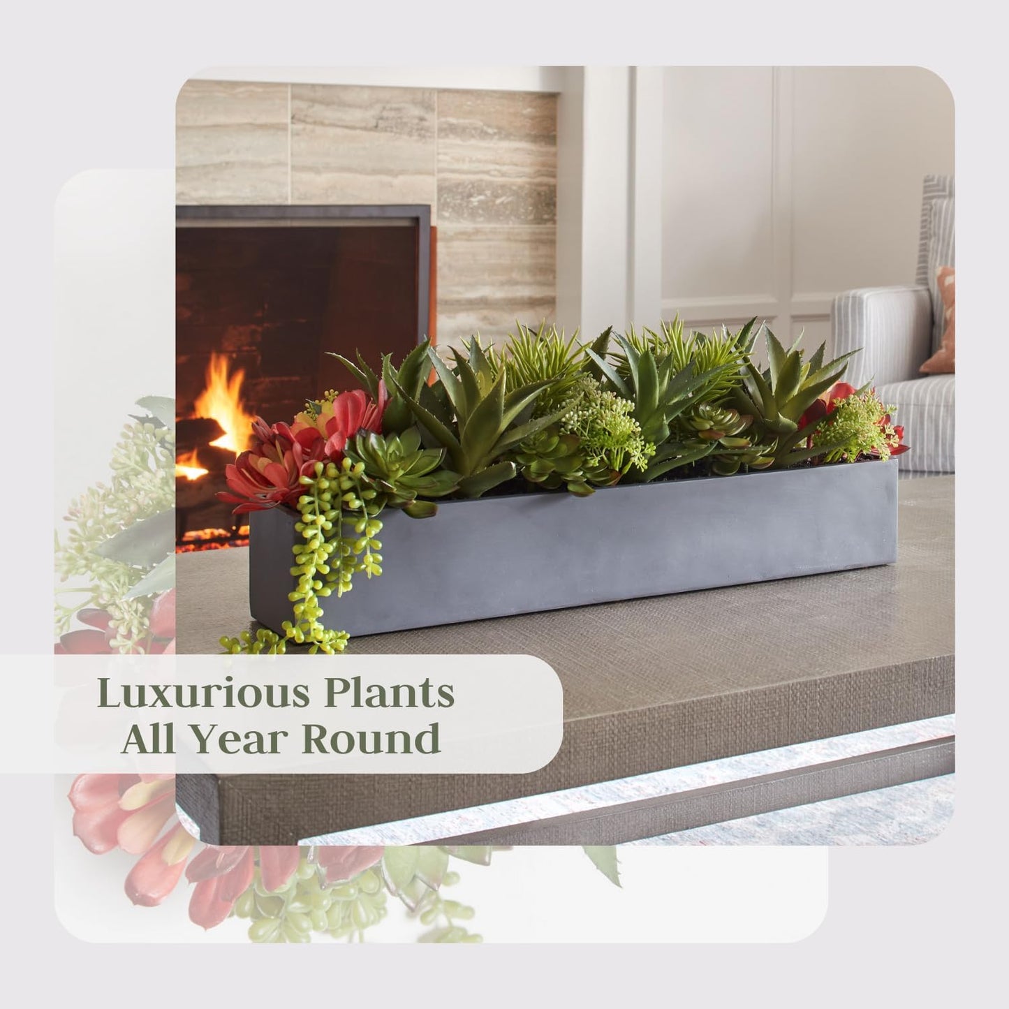 Oblong Faux Succulent Arrangement, Premium Artificial Indoor Plant Enhances Interior Design, Display on any Surface in Your Home Adding an Inviting Touch of Nature, Grey Planter Pot Included