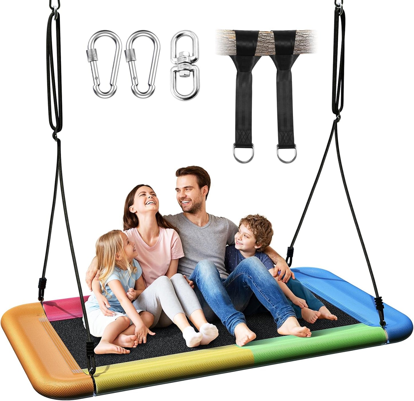 Tree Swing for Kids and Adults, 60" Waterproof Rectangle Platform Swing, 700lbs Heavy Duty with Adjustable Straps, Rainbow