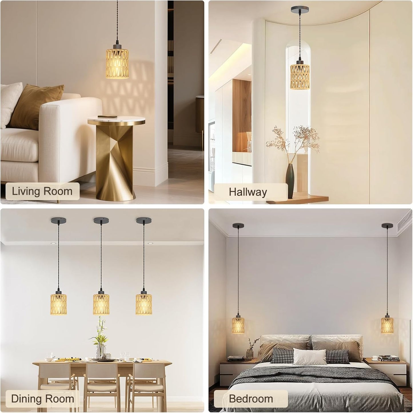 Farmhouse Hemp Rope Pendant Light - Rustic Hand-Woven Rattan Boho Hanging Light for Kitchen Island,Dining Room,Bedroom -Wicker Cage Chandelier-Coastal/Nautical Lighting Fixture Fixture(1Pack)