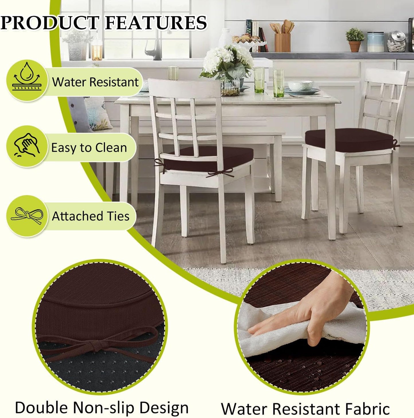 Chair Cushions for Dining Chairs, Indoor Chair Cushions with Ties，Waterproof Chair Pads Set of 4, Brown, 17x16x2.5 Inch
