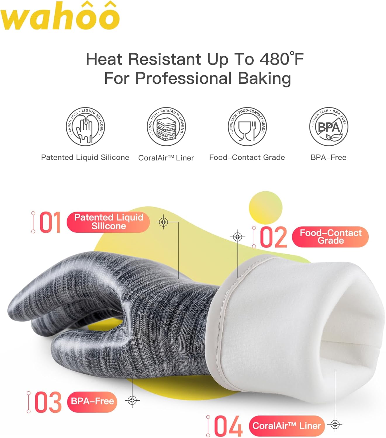 wahoo Liquid Silicone Smoker Oven Gloves, Food-Contact Grade, Heat Resistant Gloves for Cooking, Grilling, Baking, Black, XXL/11