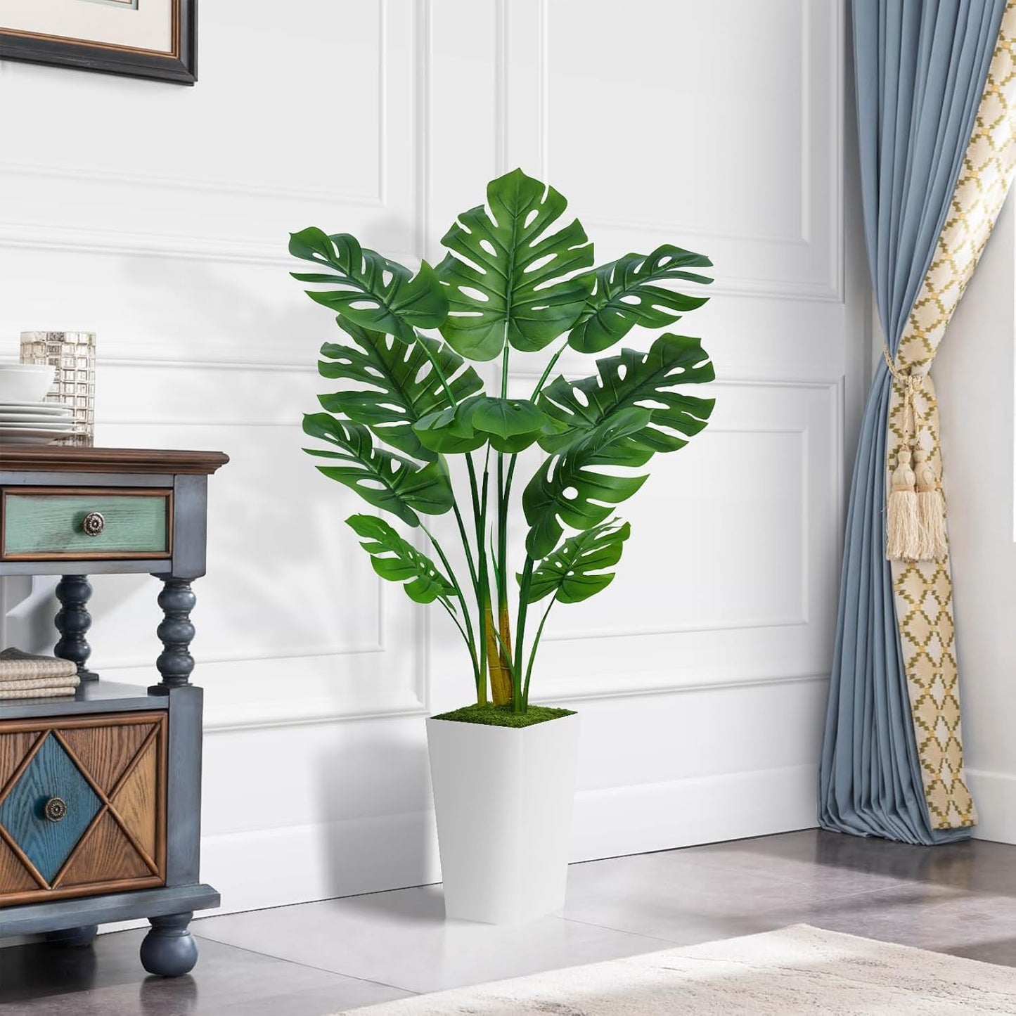 Artificial Monstera Deliciosa Plant 5FT - Faux Tropical Palm Tree with White Tall Planter - Fake Swiss Cheese Floor Plant Potted - Artificial Tree for Home Office Living Room Decor Indoor