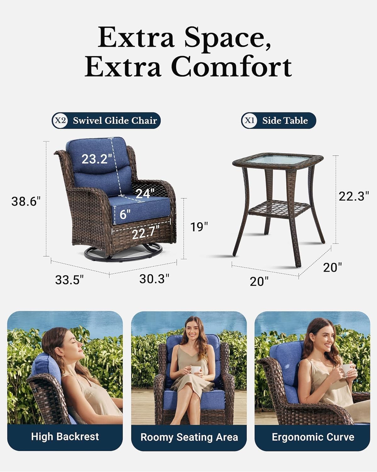 HILLGA Luxury Outdoor Swivel Rocker Patio Chairs of 2 with 6 Inch Thick Cushions and Side Table, Swivel Outdoor Chairs 3PCS High Back Wicker Patio Furniture Set for Porch, Balcony, Deck in Blue