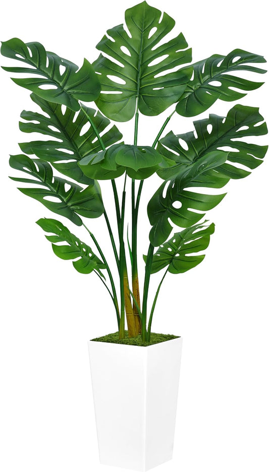 Artificial Monstera Deliciosa Plant 5FT - Faux Tropical Palm Tree with White Tall Planter - Fake Swiss Cheese Floor Plant Potted - Artificial Tree for Home Office Living Room Decor Indoor