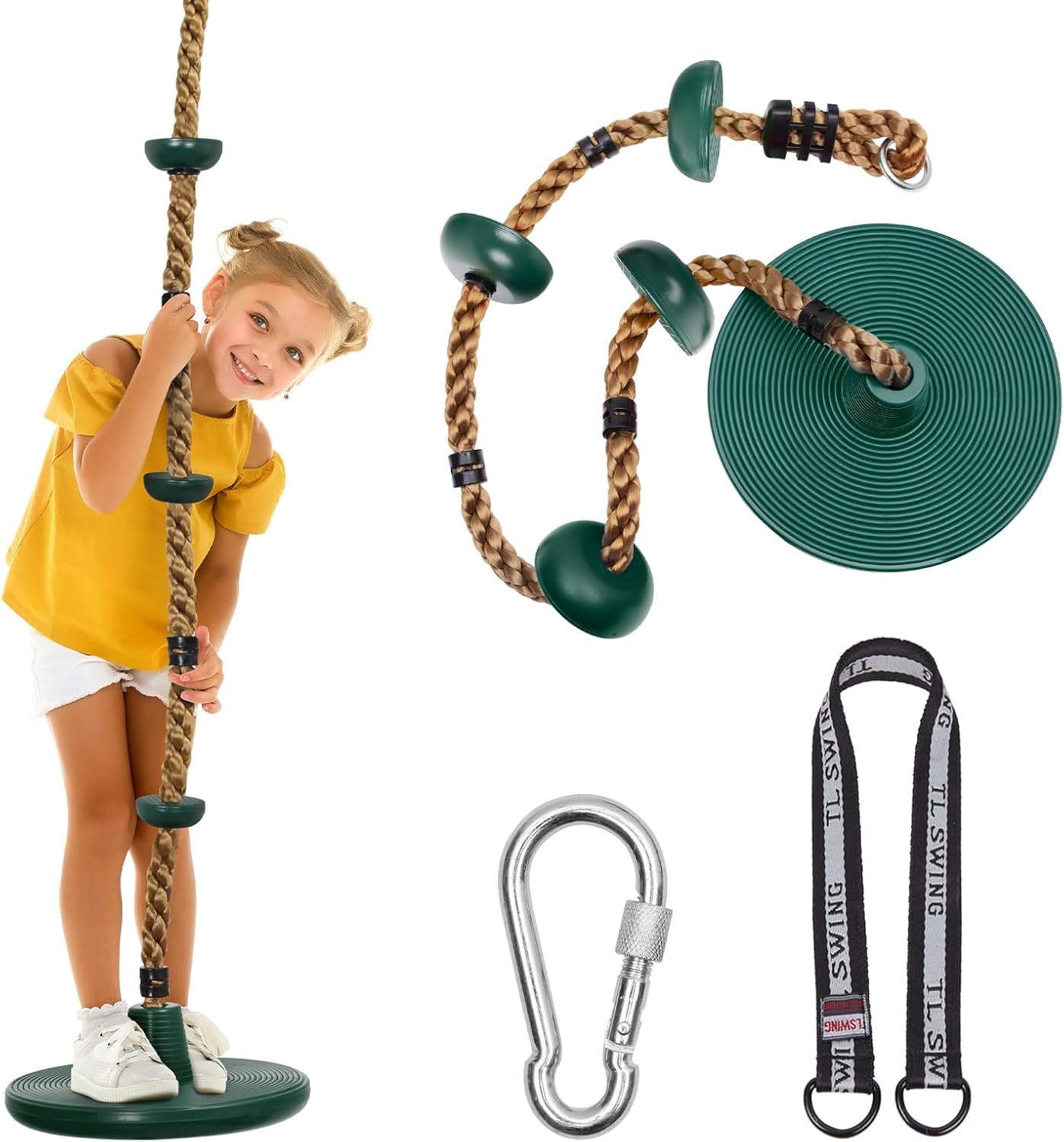 DECORLIFE Tree Swing for Kids, Adjustable Rope Swing Disc Swing for Outside with Platform Carabiners and Strap Outdoor, Playground Accessories, Green