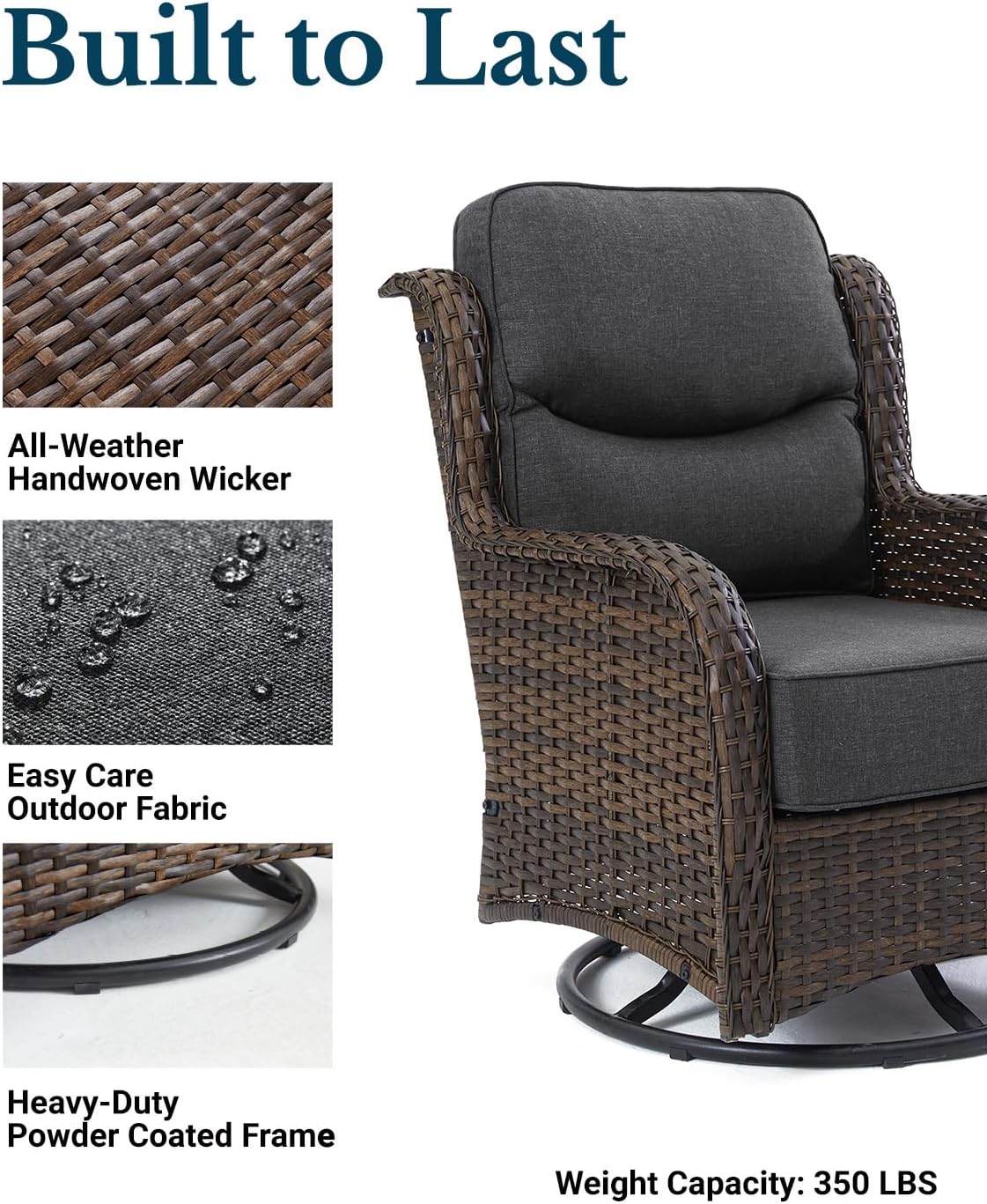 HILLGA Luxury Outdoor Swivel Rocker Patio Chairs of 2 with 6 Inch Thick Cushions and Side Table, Swivel Outdoor Chairs 5PCS High Back Wicker Patio Furniture Set for Porch, Balcony, Deck in Dark Grey