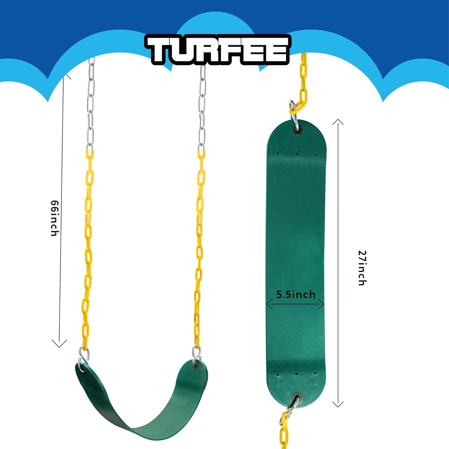 TURFEE Heavy Duty Swing Seat Green Color with 66” Chain, Swing Set Accessories Replacement with Snap Hooks for Kids Outdoor Play Playground