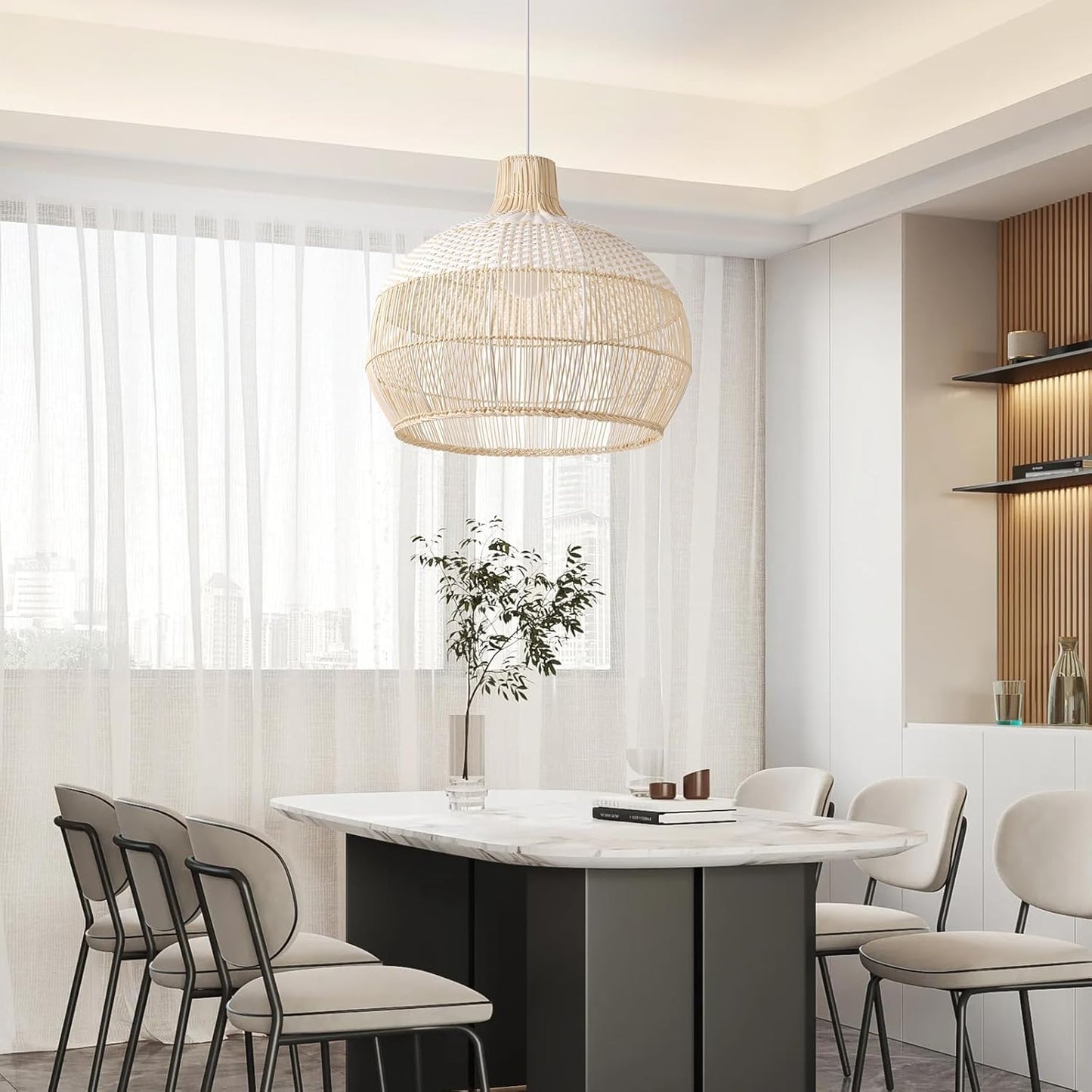 Arturesthome White Rattan Pendant Light for Kitchen Island Sink, Wicker Chandelier, Handmade Woven Hanging Ceiling Light Lampshade